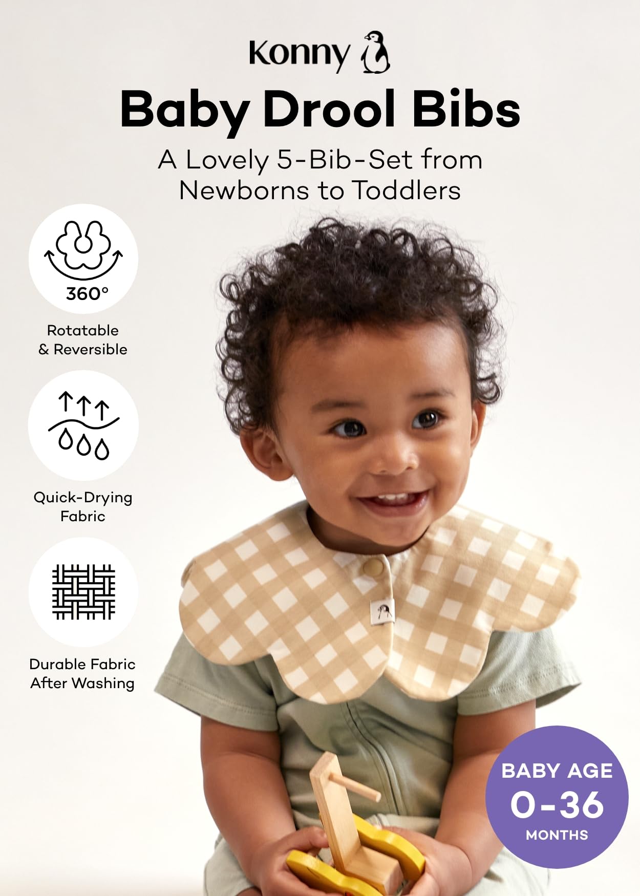 Konny Baby Bibs 5-Pack - 360° Rotating Soft & Absorbent Bandana Drool Bibs for Boys & Girls - Essential Baby Feeding & Drool Protection for Mealtime, Playtime & Teething