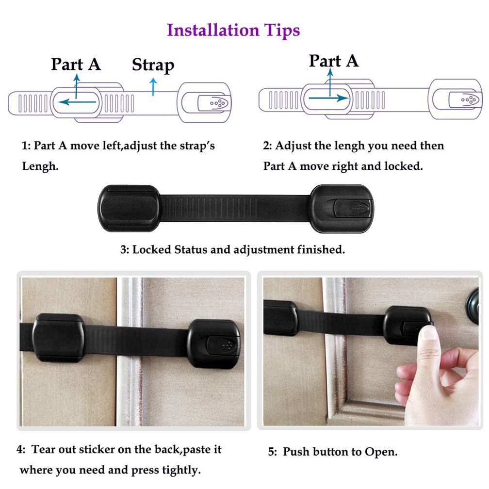 8 Pack Black Child Safety Cabinet Locks - Adjustable Baby Proof Latches for Drawers, Oven, Fridge, Toilet Seat & Cupboards | Extra Strong Adhesive Pads Included | Perfect for Kitchen, Bathroom & Nursery Childproofing