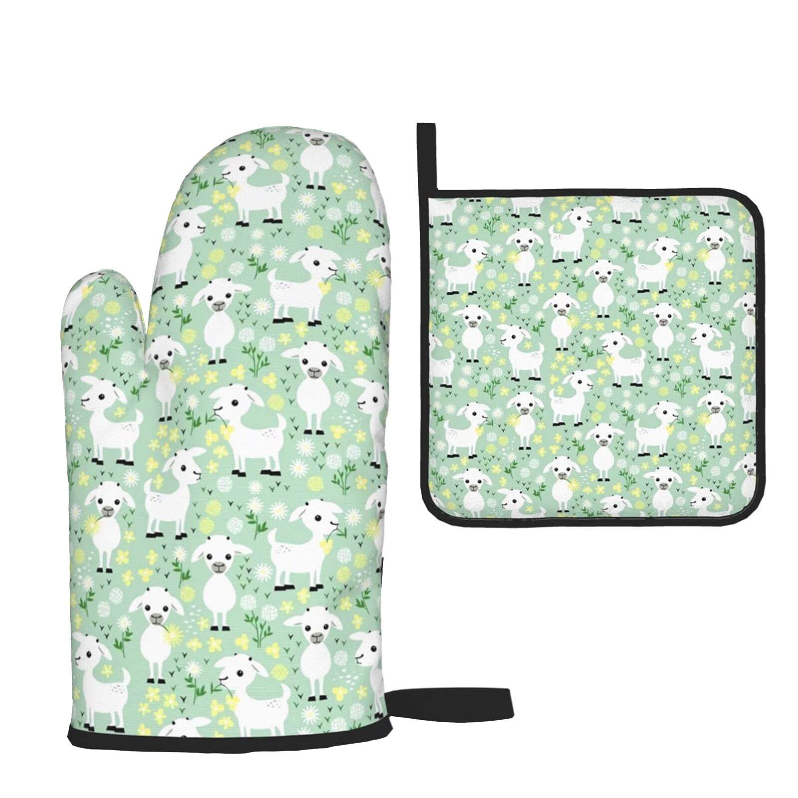 Heat Resistant Non-Slip Oven Mitts and Pot Holders Set with Inner Cotton Layer - Cute Baby Goats Design for Cooking, BBQ, Baking & Grilling - Perfect Kitchen Accessories for Home Chefs & Holiday Gifts