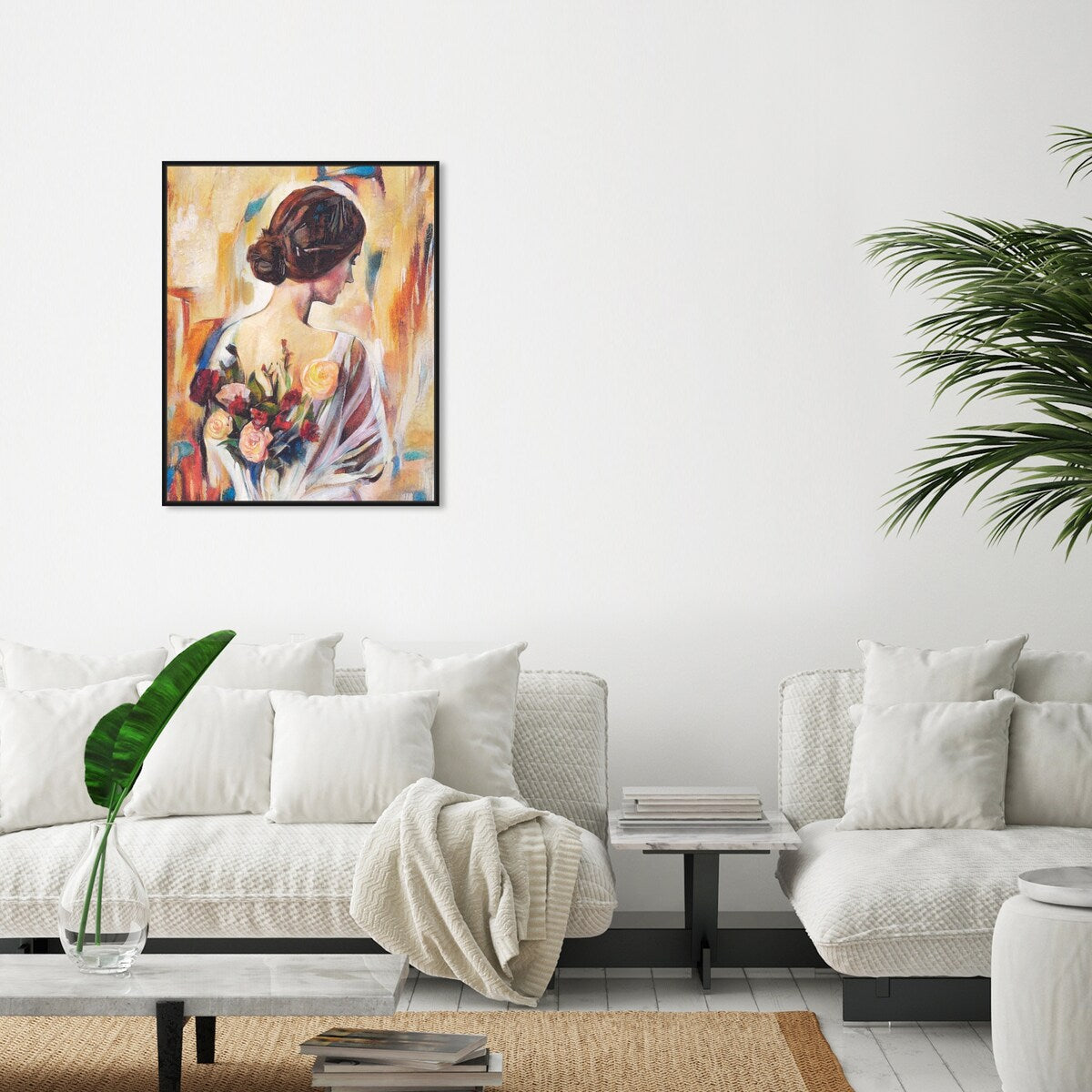 Modern White Framed Canvas Wall Art Print - Floral Back and Flowers Design for Women, Elegant Home Decor for Bedroom, Living Room & Office