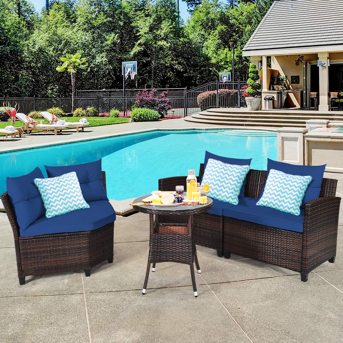 Tangkula 4-Piece Outdoor Patio Furniture Set - Modern C-Shape Wicker Sectional Sofa with Cushions & Glass Coffee Table, Water-Resistant Rattan Deck Set for Garden, Poolside, Balcony, Backyard (Navy Blue) | Perfect for Outdoor Relaxation & Entertaining