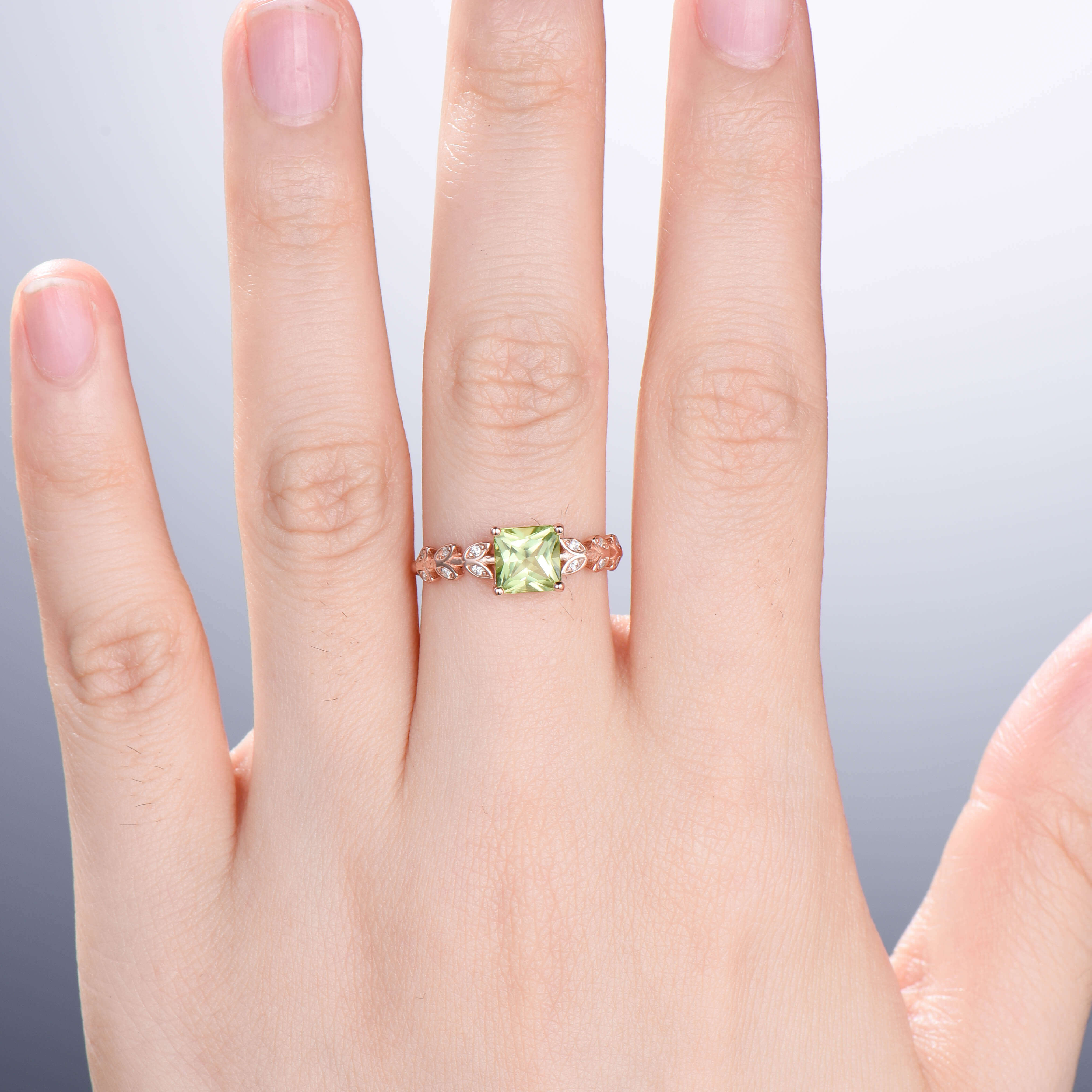 Princess Cut Peridot Engagement Ring with Leaf Design & Diamonds – Unique Vintage Style Moissanite Wedding Ring for Women | Perfect for Proposals, Anniversaries & Special Occasions