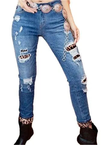 Mid Rise Skinny Jeans with Leopard Patches - Women's Fashion Stretch Denim Pants for Casual Wear & Night Out