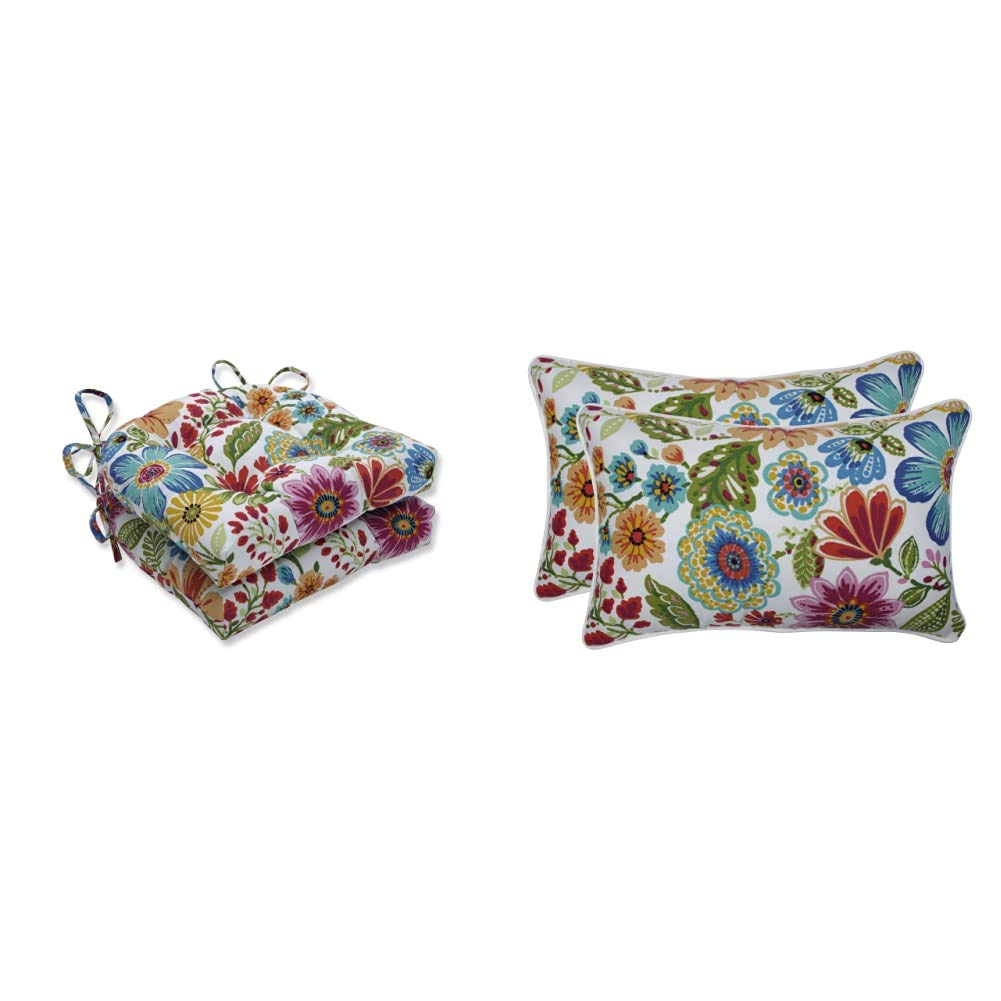 Reversible Chair Cushions and Lumbar Pillows Set - 2 Pack Blue Outdoor/Indoor Seat Pads (15.5