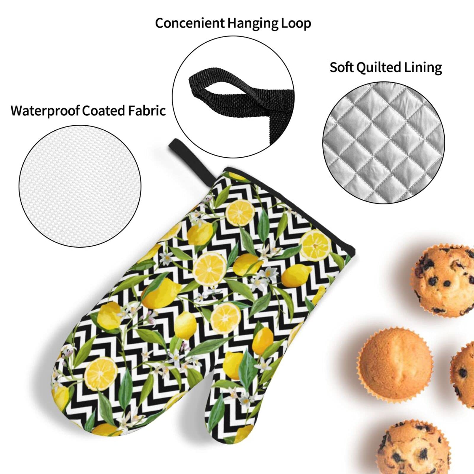 Heat Resistant Oven Mitts and Pot Holders Set - Lemon Black White Chevron Pattern Kitchen Gloves with Cotton Liner for Baking, Cooking, Grilling & BBQ - Perfect for Microwave, Stovetop and Outdoor Cooking