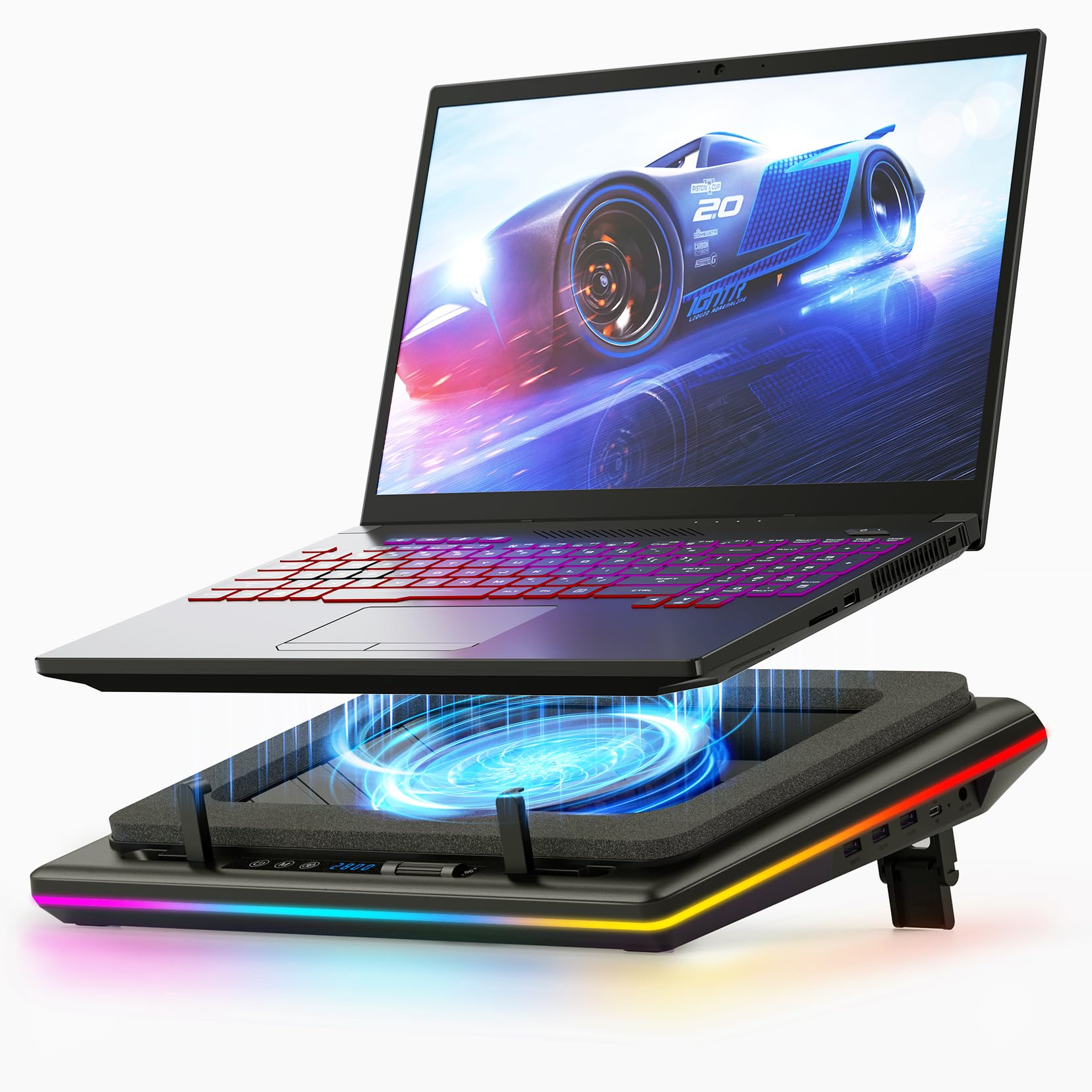 Llano 2024 RGB Gaming Laptop Cooling Pad with Touch Control, Adjustable Speed & 14cm Extra-Large Turbo Fan, Sealing Foam & 3-Port USB Hub for 15-19 Inch Notebooks - Perfect for Gaming, Streaming and Office Work