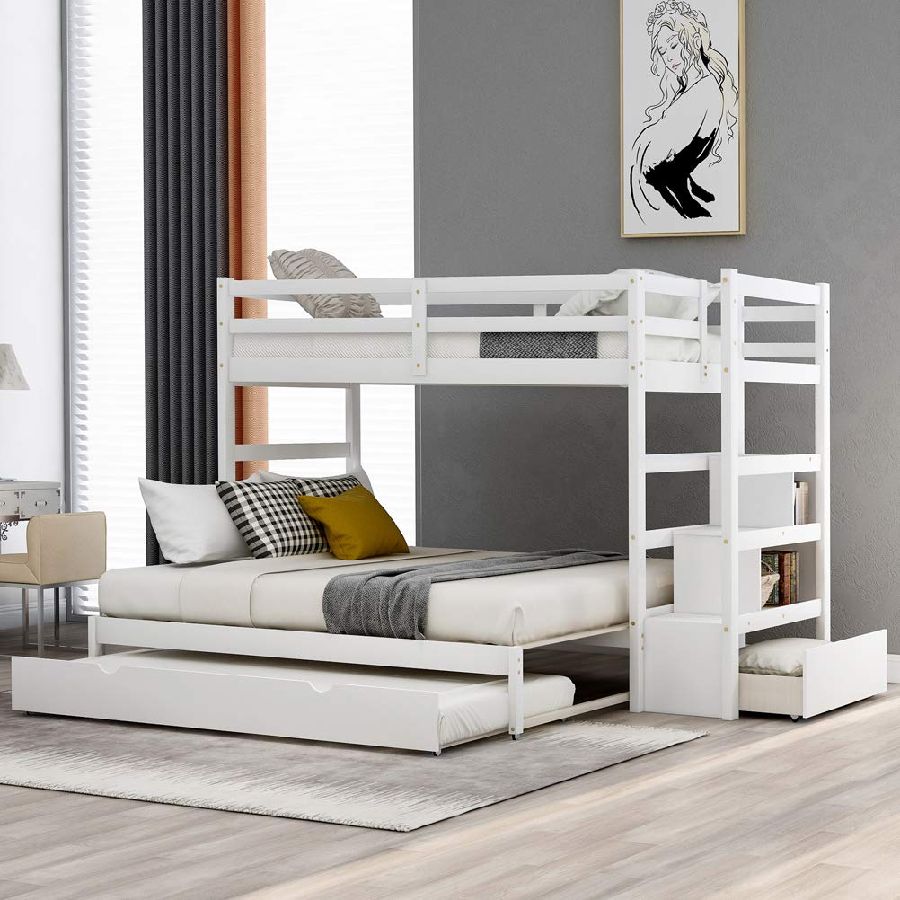 Solid Wood Twin Over Twin/King Bunk Bed with Pull-Out Trundle, Ladder, Safety Guardrails & Storage Drawers - No Box Spring Needed (White) | Space-Saving Kids Bedroom Furniture for Siblings or Sleepovers