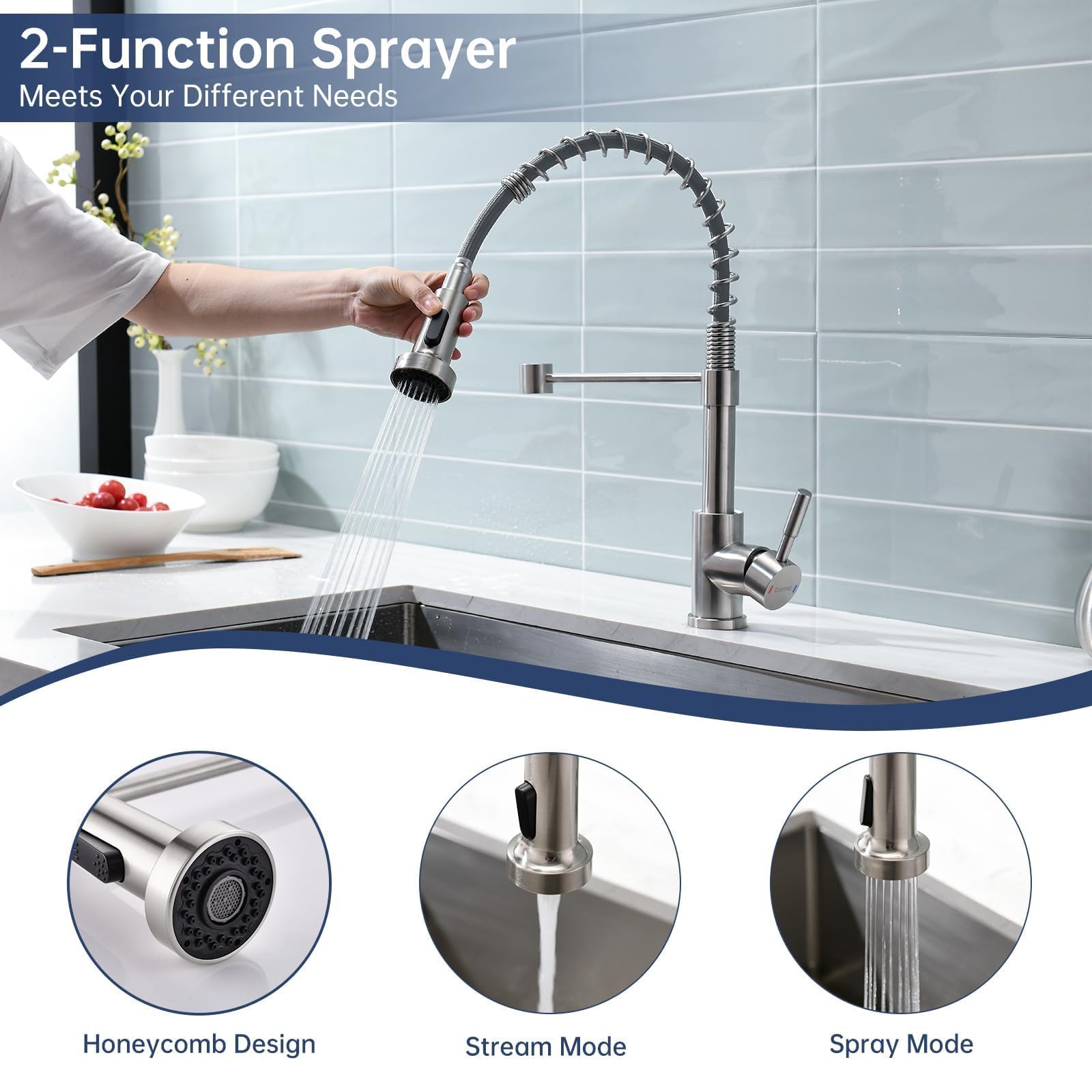 DAYONE Brushed Nickel Kitchen Faucet with Pull-Out Sprayer - High Arc Single Handle for Modern Kitchens