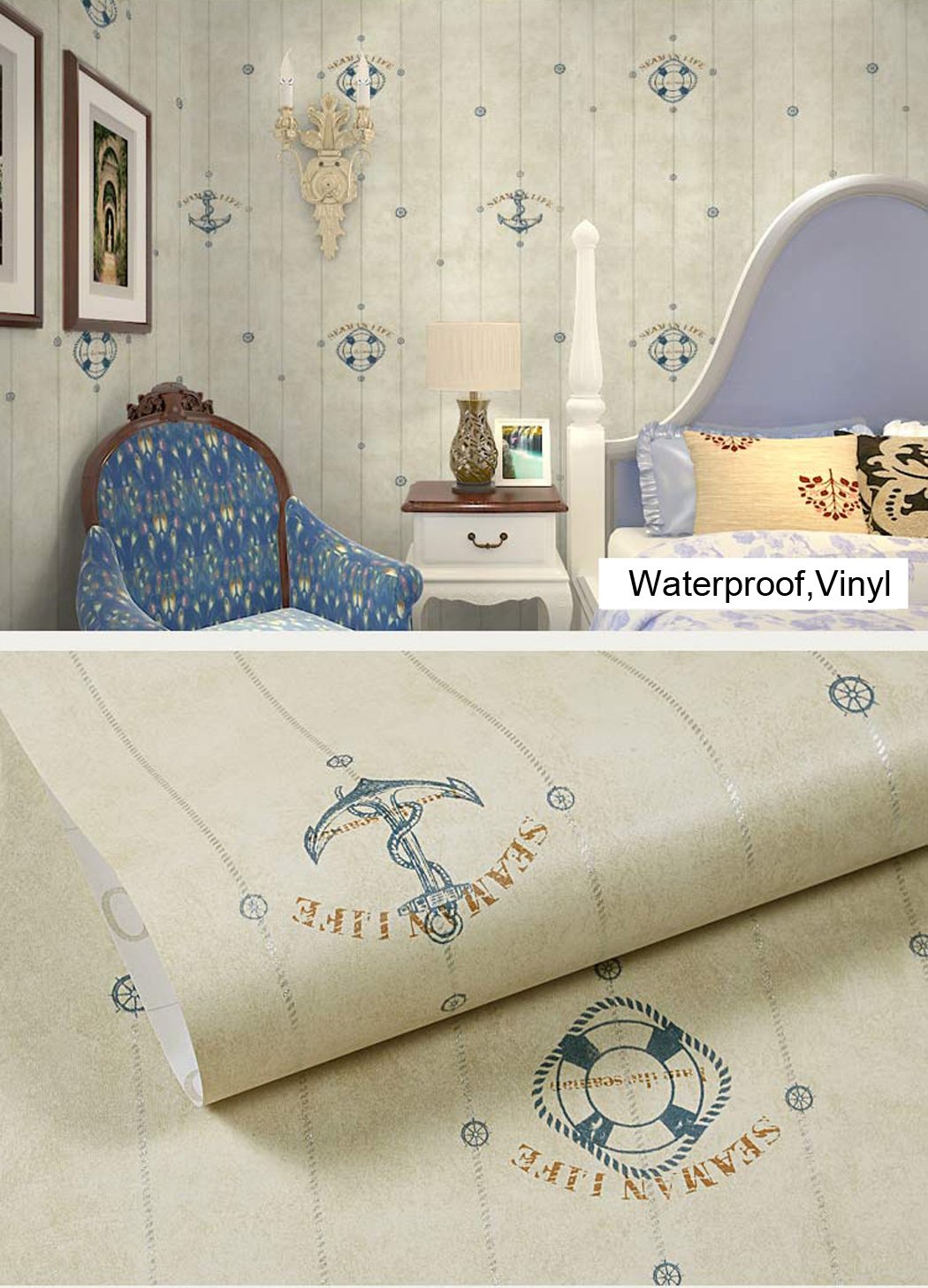 GLOW4U Ocean Theme Anchor Vinyl Contact Paper - Self Adhesive Removable Shelf Liner & Peel and Stick Wallpaper for Kids Bedroom Decor (20.83x117 Inches) - Perfect for Nursery Walls, DIY Crafts, and Furniture Makeovers