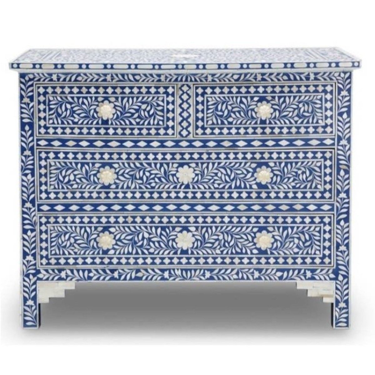 Handmade Bone Inlay Floral Dresser - 4 Drawer Blue Vintage Bedroom Chest | Perfect for Master Bedroom, Guest Room & Boho Home Decor