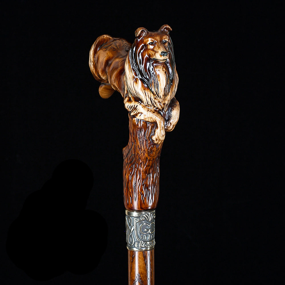 Handcrafted Collie Dog Walking Cane - Detailed Wood Carving for Seniors & Collectors - Perfect for Hiking, Gifts & Home Decor