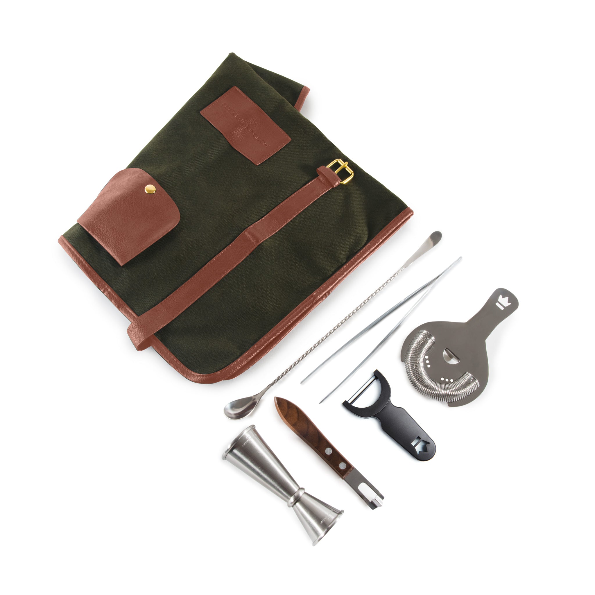 BARWARE ROLL UP KIT - Portable Bartender Travel Set with Tools (Army Green) - Perfect for Camping, Picnics, Outdoor Parties & Home Bars