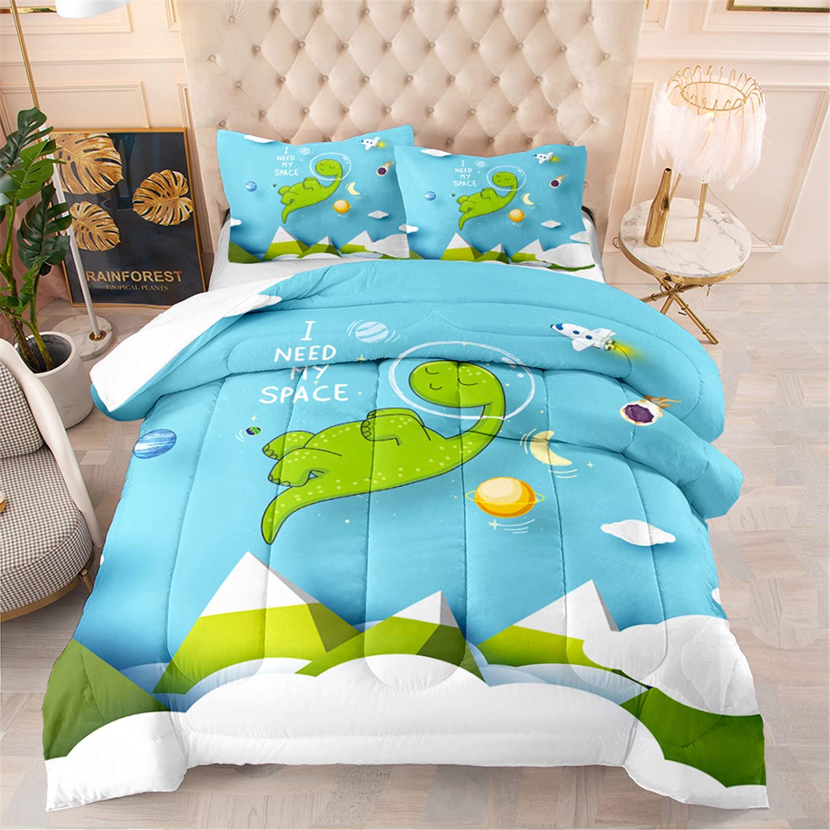 EDUMEYA Full Size Kids Bedding Set - Cartoon Dinosaur & Rocket Ships Space Theme Comforter with 2 Pillowcases | Soft Blue Quilt for Girls & Boys | Perfect for Bedrooms, Sleepovers & Nursery Decor