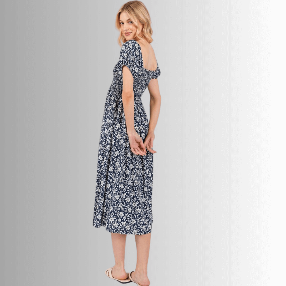 Delilah Navy Blue Floral Smocked Midi Dress for Women | Summer Casual Dress with Puff Sleeves | Perfect for Beach Vacations, Brunch Dates & Garden Parties