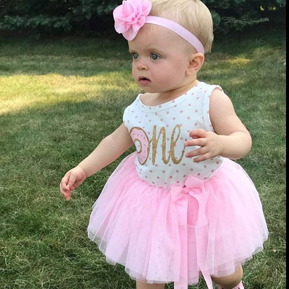 **Pink Striped Tutu Dress for Newborn Baby Girls | First Birthday Outfit with Donut Print Skirt & Headband 2Pcs Set | Casual Party & Photo Shoot Wear**