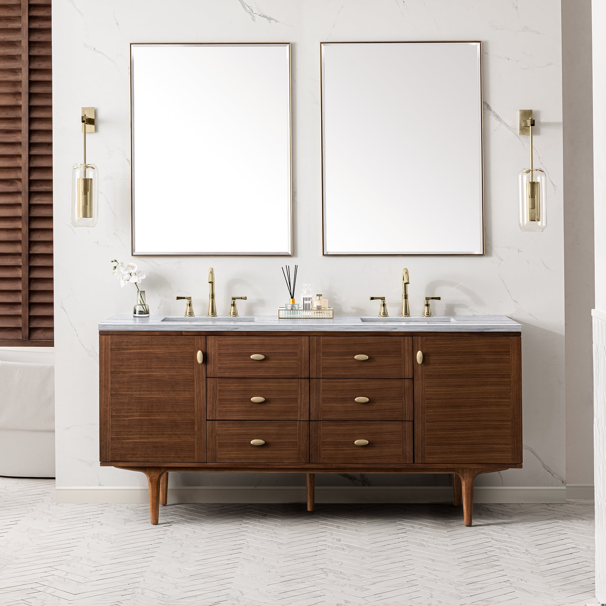 Amberly 72 Inch Double Vanity with 3CM Arctic Fall Top - Mid Century Modern Walnut Bathroom Vanity for Master Bath & Guest Bathroom