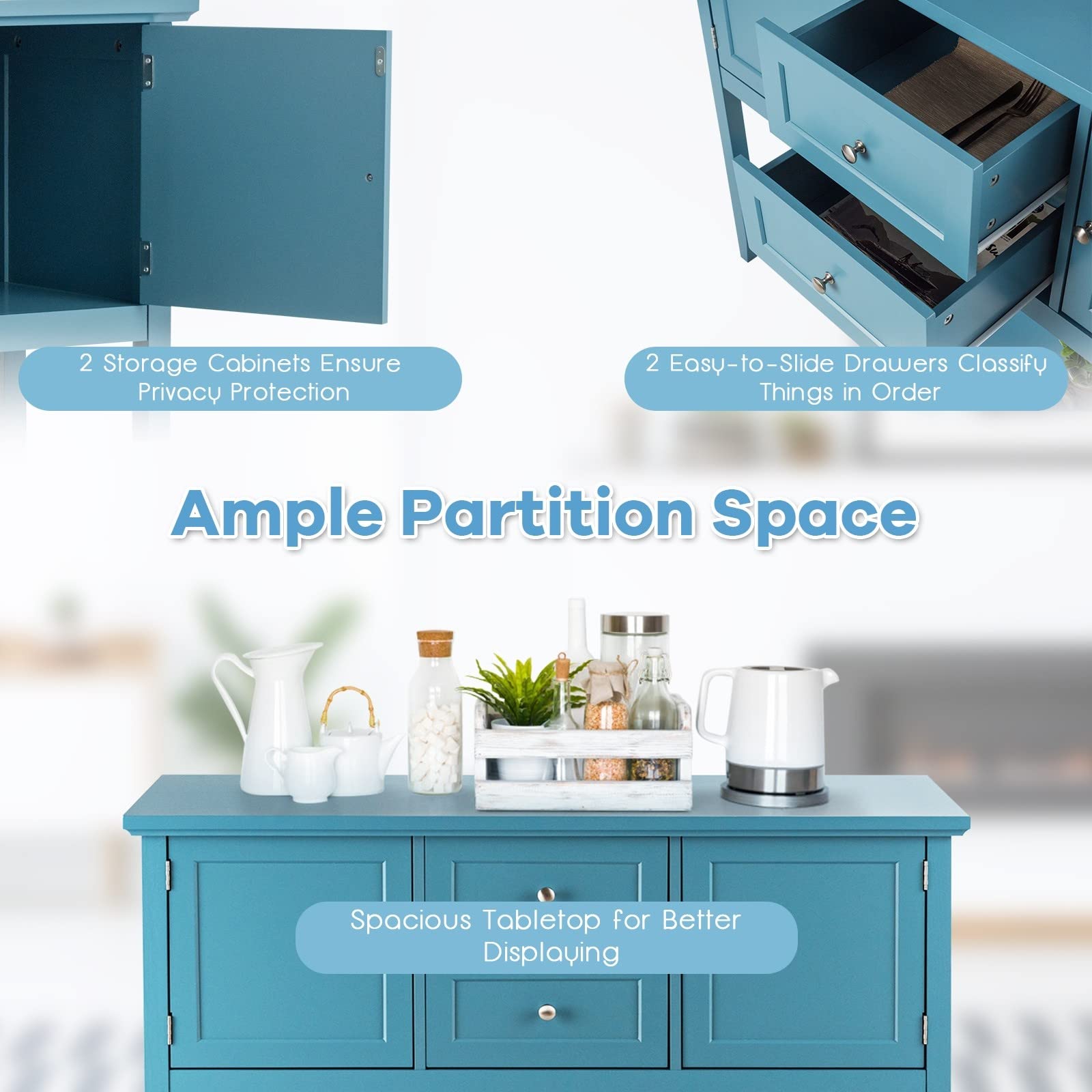 Moccha Buffet Sideboard - Wooden Console Table with 2 Drawers & 2 Storage Cabinets, Bottom Shelf - Perfect for Living Room, Kitchen, Dining Room & Hallway Decor (Aqua Blue) - Ideal for Entertaining, Storage & Home Organization