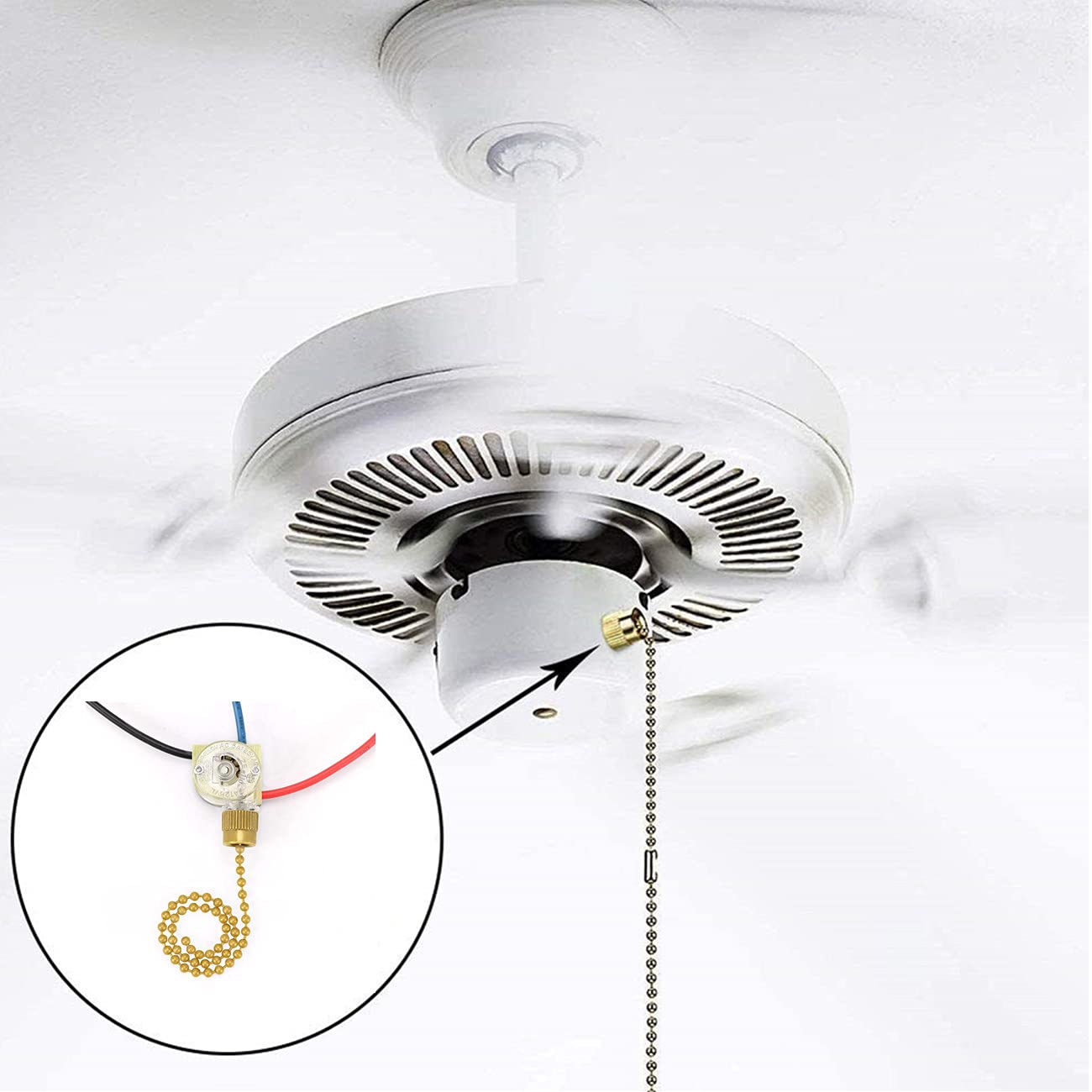 Zing Ear ZE-110 3-Wire 3-Way 2-Circuit 4-Position Ceiling Fan Speed Pull Chain Switch with Brass Finish - Replacement for Ceiling Fan Light Control - Perfect for Bedroom, Living Room, and Home Renovation Projects