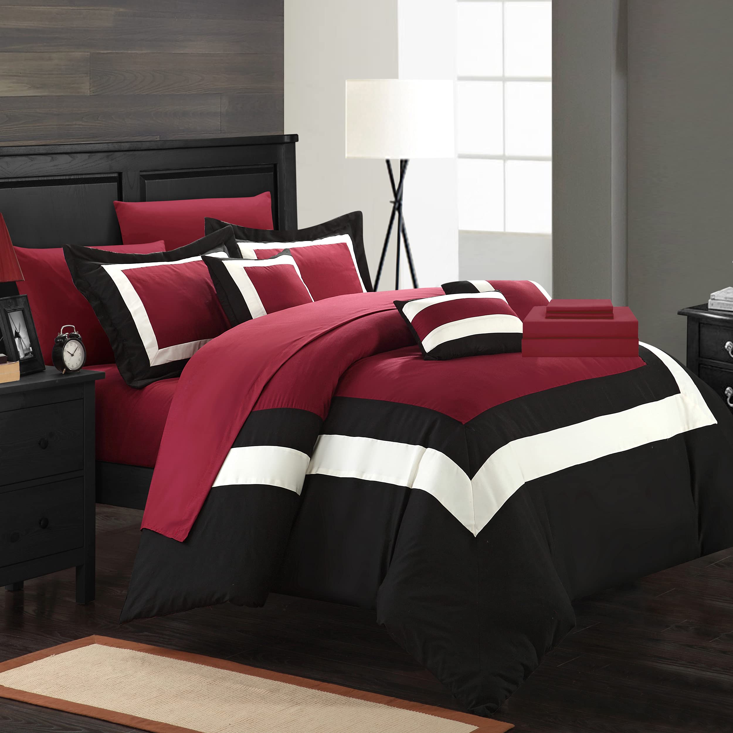Chic King Comforter Set 10-Piece - Colorblocked Bedding with Shams & Pillows (Red) for Luxurious Bedroom