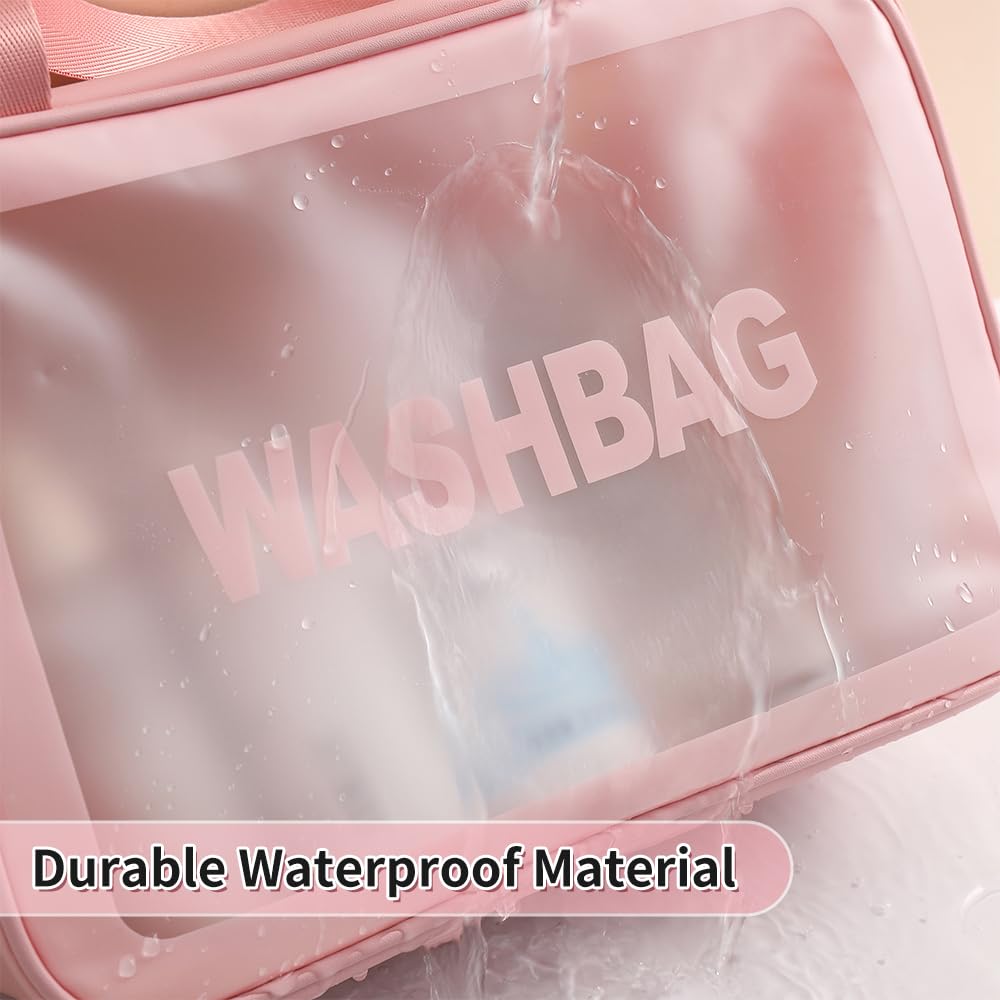 PVC Waterproof Cosmetic Bag Set - Large Clear Travel Toiletry Organizer with Thickened Plastic, Transparent Makeup Tote Bags for Cosmetics, Wash Bag & Travel Essentials - Perfect for Vacation, Gym & Daily Use (Pink, 4-Pack)