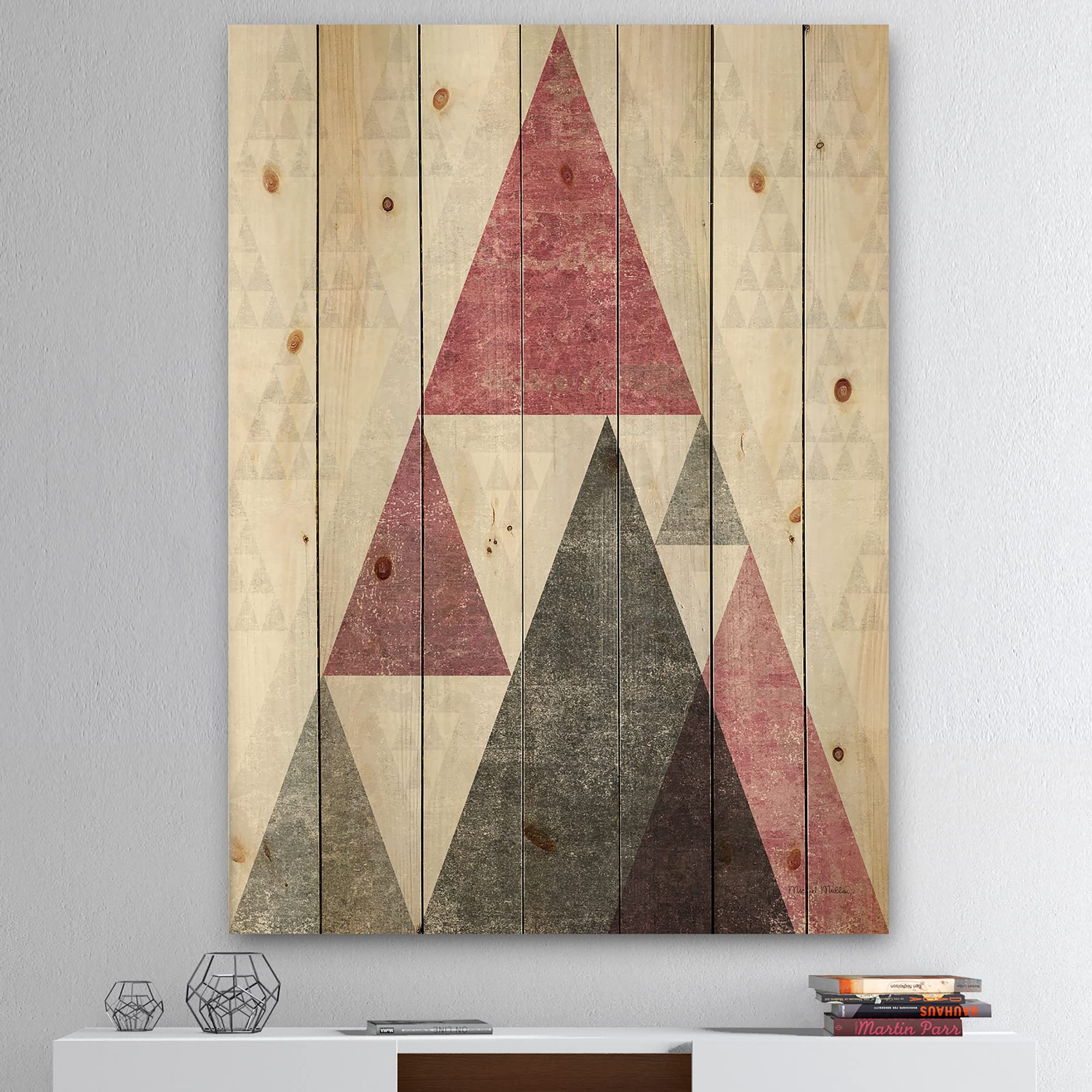 DesignQ Pink Geometric Mod Triangles Mid-Century Modern Wood Wall Art - Large Abstract Wood Panels Printed on Natural Pine - Perfect for Living Room, Bedroom & Office Decor