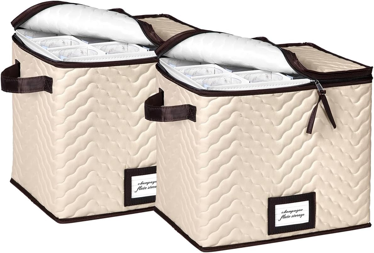 HOLDN’ STORAGE Wine Glass Organizer with Dividers - Set of 2 Durable Quilted Stemware Storage Cases, Holds 12 Champagne Flute Glasses Up To 11