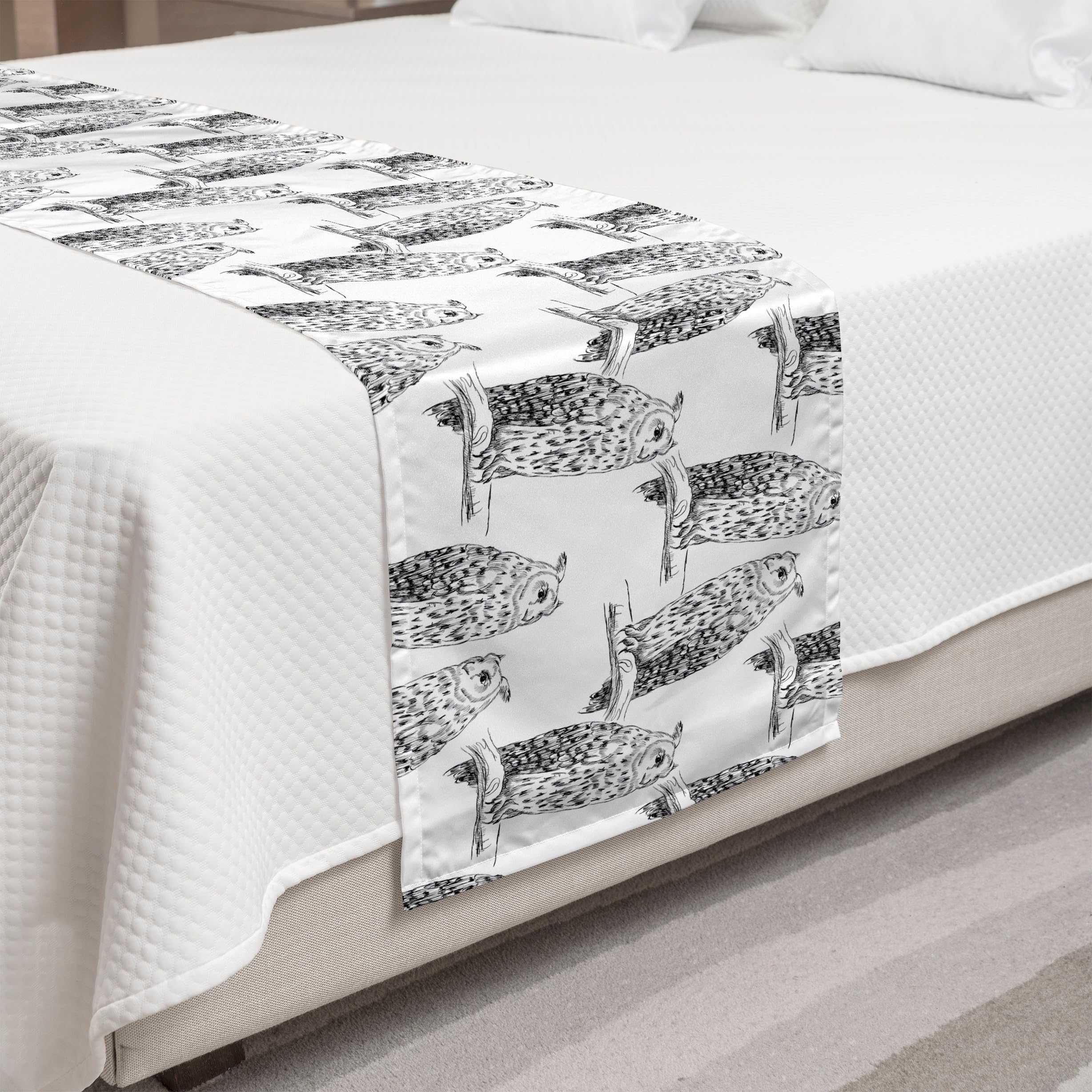 Ambesonne Owl Lover Bed Runner - Monochrome Sketch Owl on Branch Print Decorative Bed Scarf - Charcoal Grey & White - Perfect for Home, Hotel & Guest Room Decor