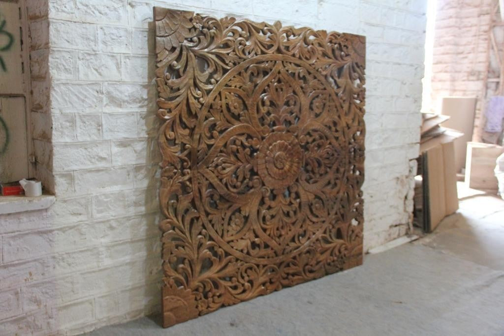 Handcrafted Dynasty Carved Wooden Wall Panel Headboard - Natural Solid Wood Queen Size Bed Headboard for Master Bedroom & Guest Room Decor