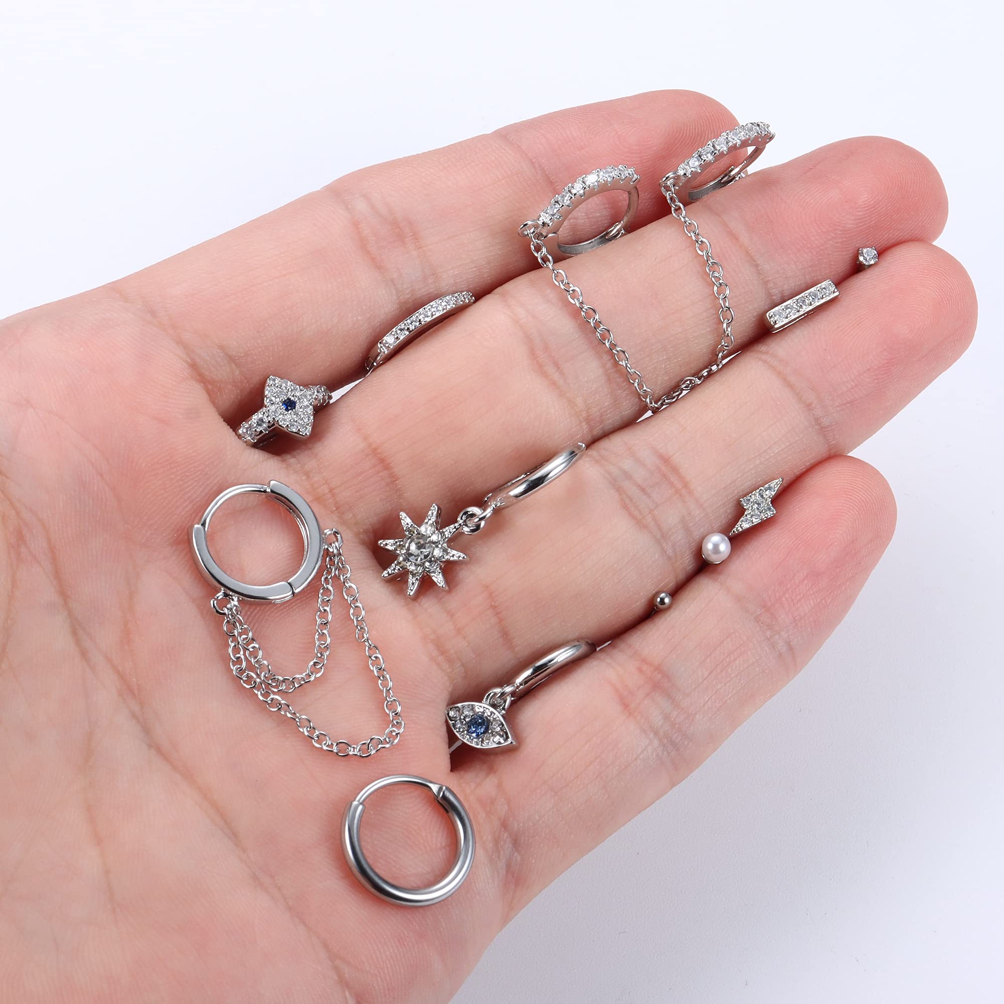 YADOCA 12 Pairs Small Huggie Hoop Earrings for Women - Stainless Steel CZ Pearl Ball Tiny Stud & Evil Eye Bar Chain Dangle Earrings Set | Perfect for Daily Wear, Parties, Gifts & Fashion Accessories
