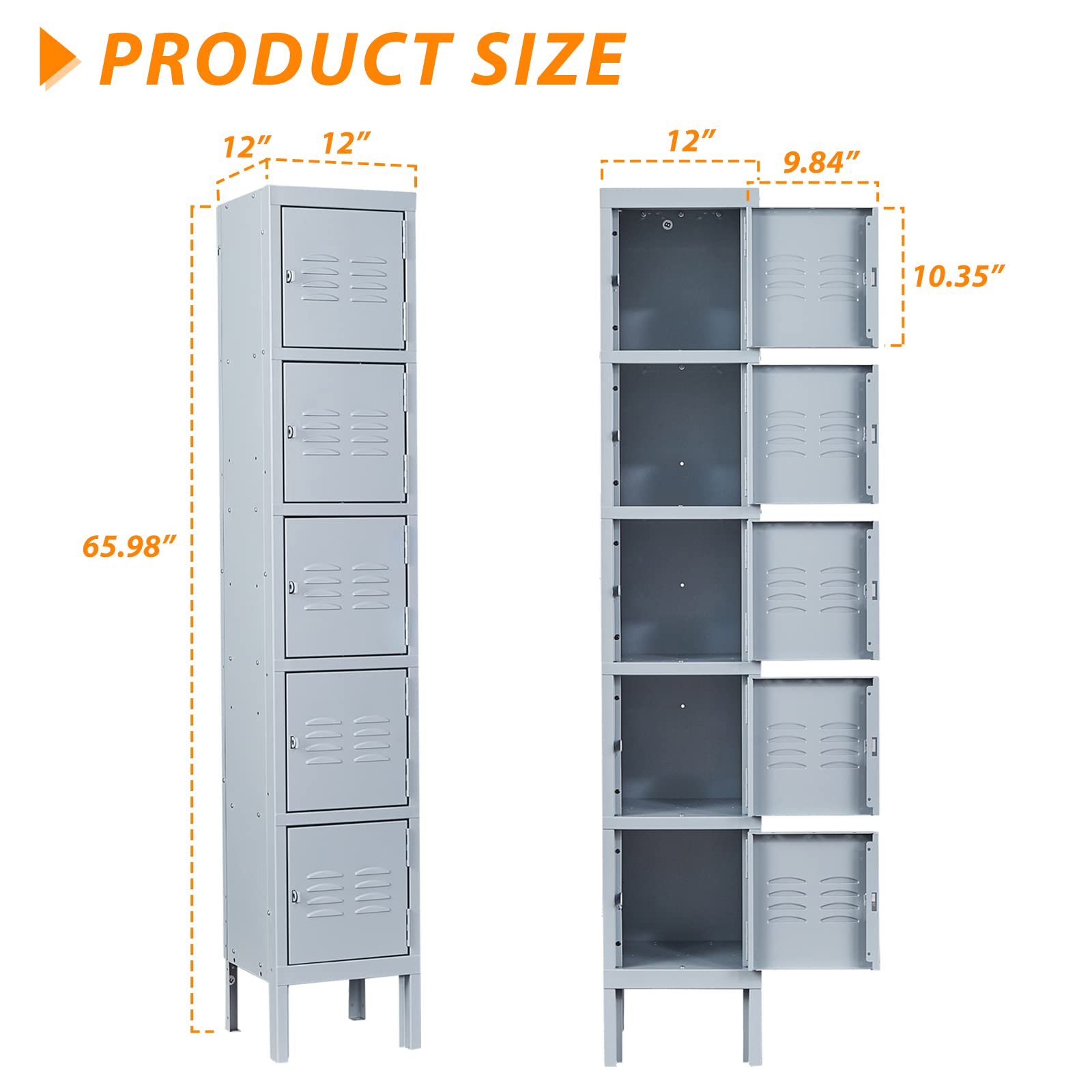5-Tier Steel Storage Locker with 5 Doors - Heavy Duty Metal Locker for School, Home, Office & Gym - Secure Grey Organizer for Sports Equipment, Books & Office Supplies
