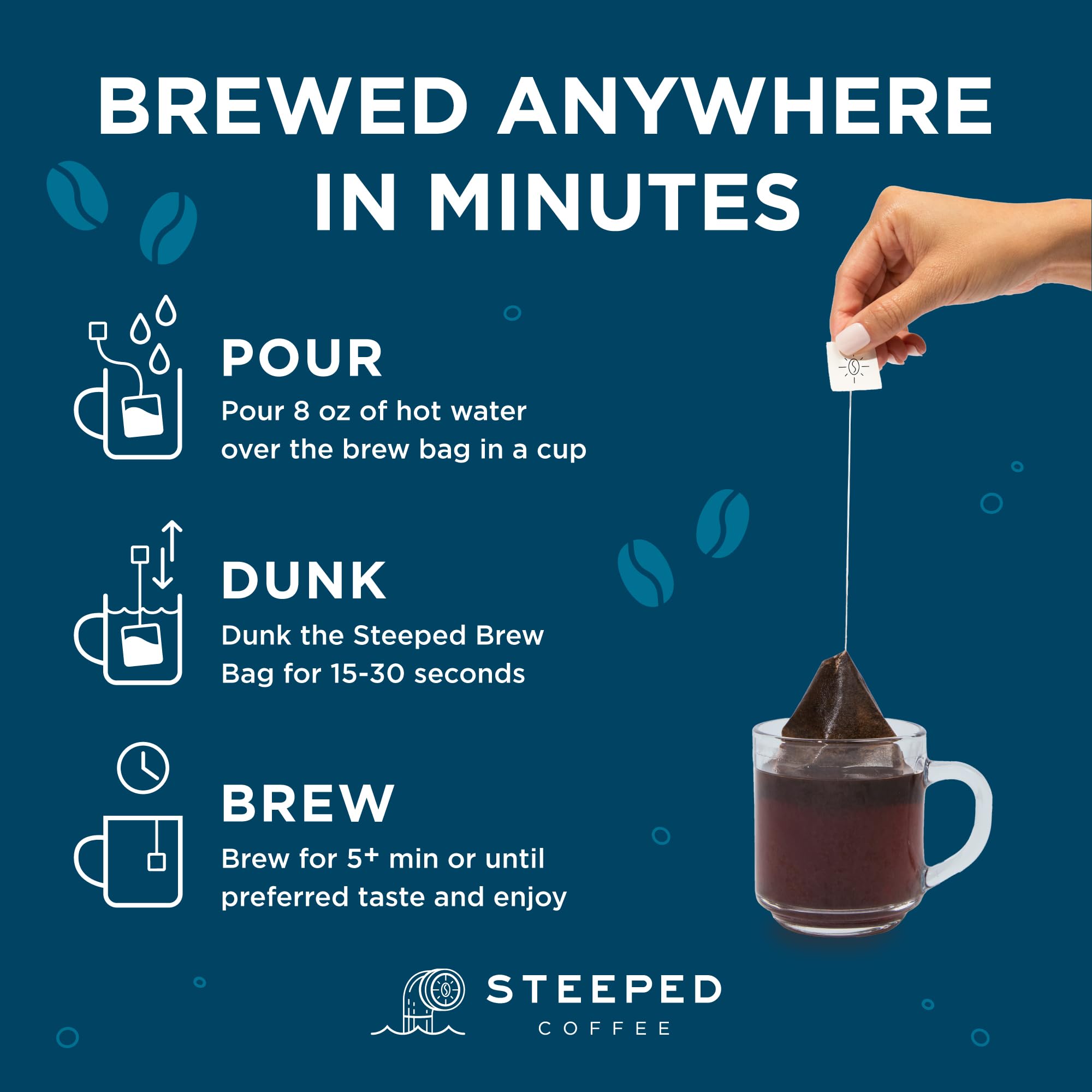 Steeped Coffee Tea Bags - Single Serve Organic Coffee Pouches | Eco-Friendly, Hand Roasted Fresh Ground Coffee | Instant Brew Just Add Water | Travel Size Variety Pack (8 Count) - Perfect for Camping, Office & On-the-Go Coffee Lovers