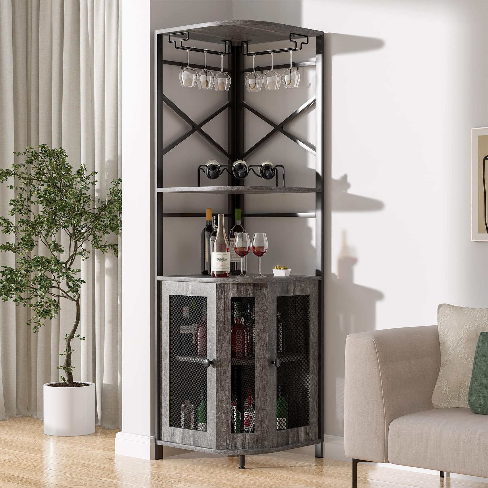 Modern Grey Corner Bar Cabinet with Wine Rack, Glass Holder & Adjustable Shelves - Mesh Door Liquor Storage Cabinet for Home Bar, Dining Room or Entertainment Area
