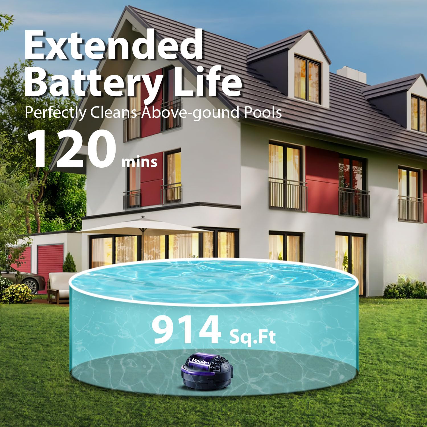 MOOLAN X1 Cordless Robotic Pool Vacuum Cleaner - 120 Min Runtime, Dual-Motor, Self-Parking for Above/In-Ground Pools up to 914 Sq Ft - Ideal for Weekly Pool Maintenance & Quick Cleanups