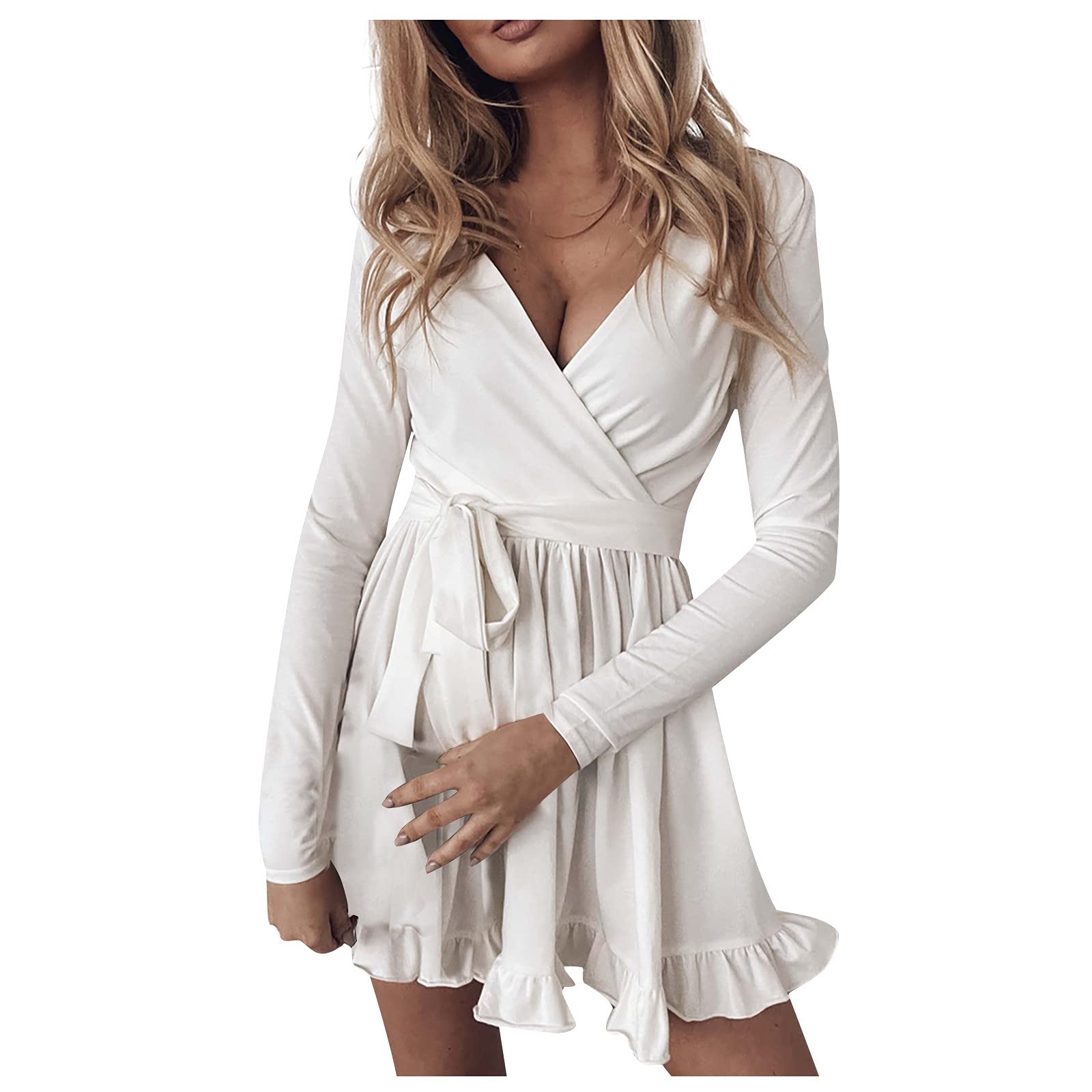 Women's Mini Ruffle Dress - Sexy V-Neck Long Sleeve Tie Waist Swing Dress for Casual Wear | Perfect for Date Night, Parties & Office Outfits