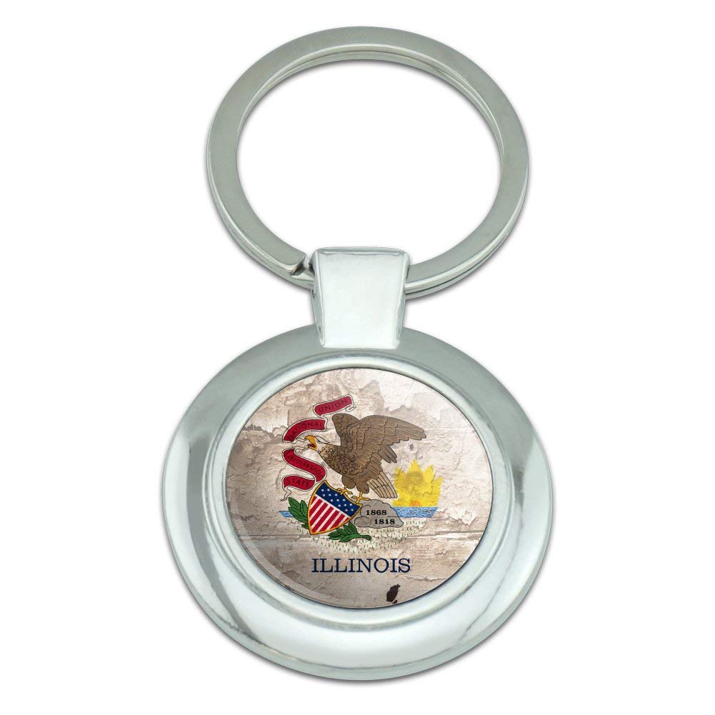 Vintage Distressed Illinois State Flag Keychain - Rustic USA Souvenir, Round Chrome Plated Metal Gift for Travel Lovers & Collectors | Perfect for Keyrings, Backpacks, and Gifts