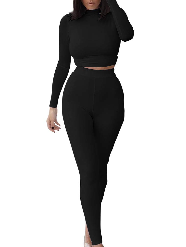 GOKATOSAU Women's Sexy 2 Piece Outfit Long Sleeve Crop Top & High Waist Pants Set - Clubwear, Party Jumpsuit for Night Out, Date Night, and Casual Wear