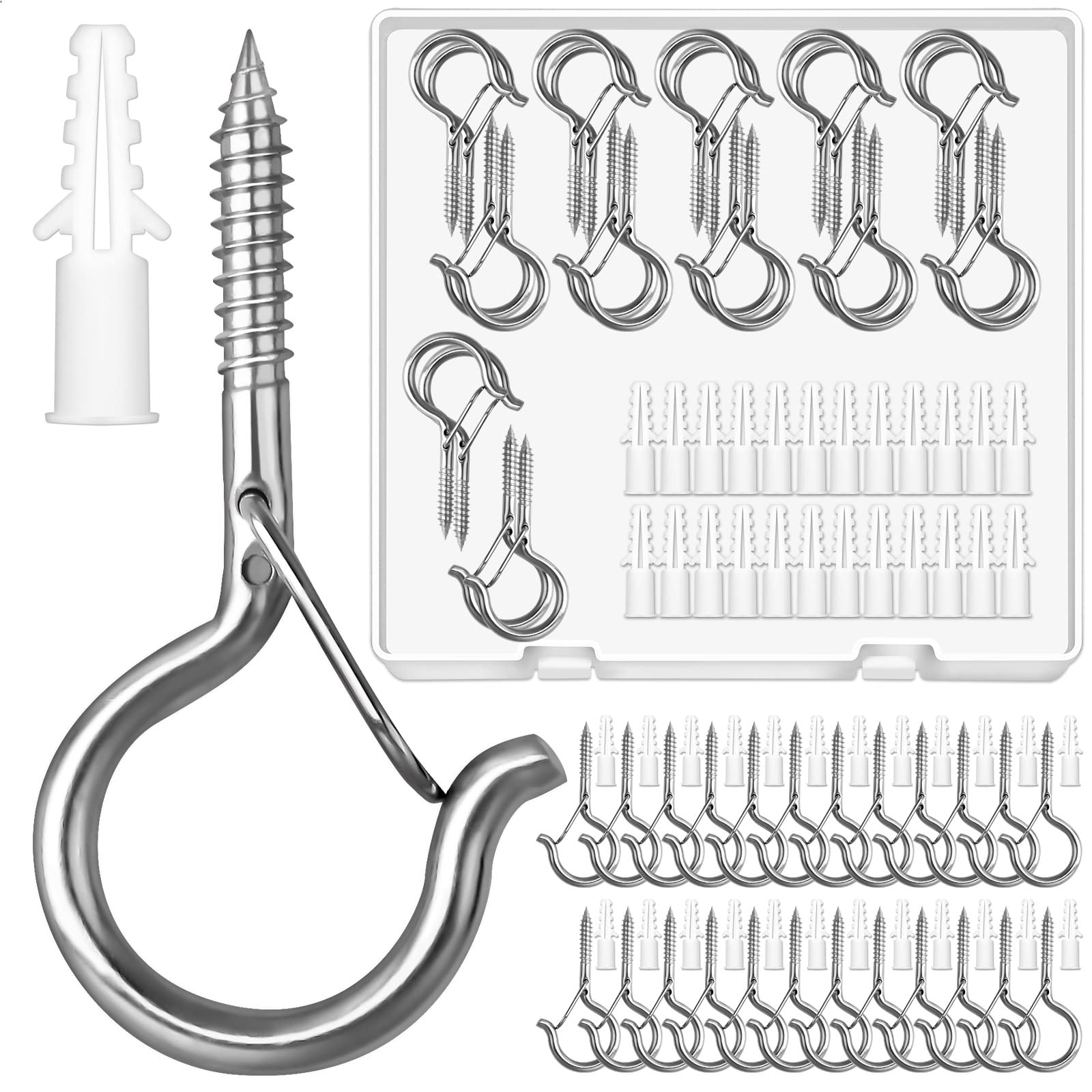 24 Pack Heavy Duty Screw Hooks for Outdoor String Lights - Rustproof Metal Eye Hooks with Safety Buckles - Perfect for Hanging Plants, Christmas Lights & Home Decor (Indoor/Outdoor Use)