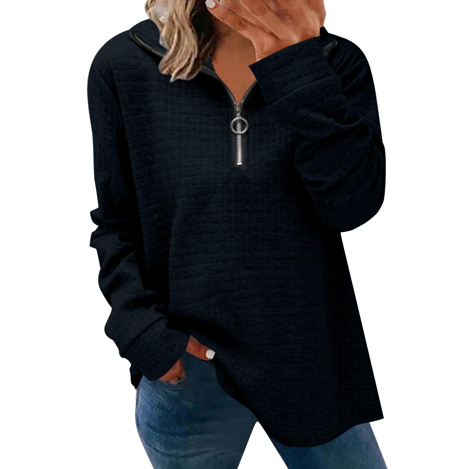 DABAOK Women's Long Sleeve V-Neck Blouse with 3/4 Sleeves & Zipper Collar - Stretchy Spandex Cotton Shirt for Work, Office, and Casual Wear
