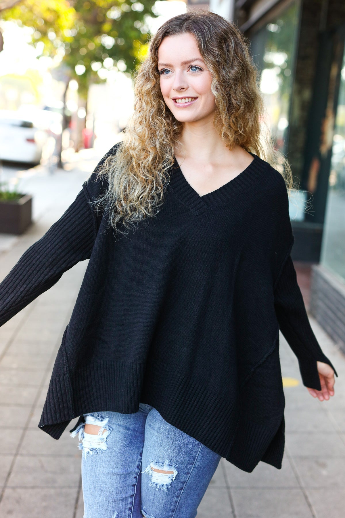 Stylish Black Oversized V-Neck Ribbed Knit Sweater for Women - Cozy & Trendy Fall Winter Pullover for Casual Outings & Layering