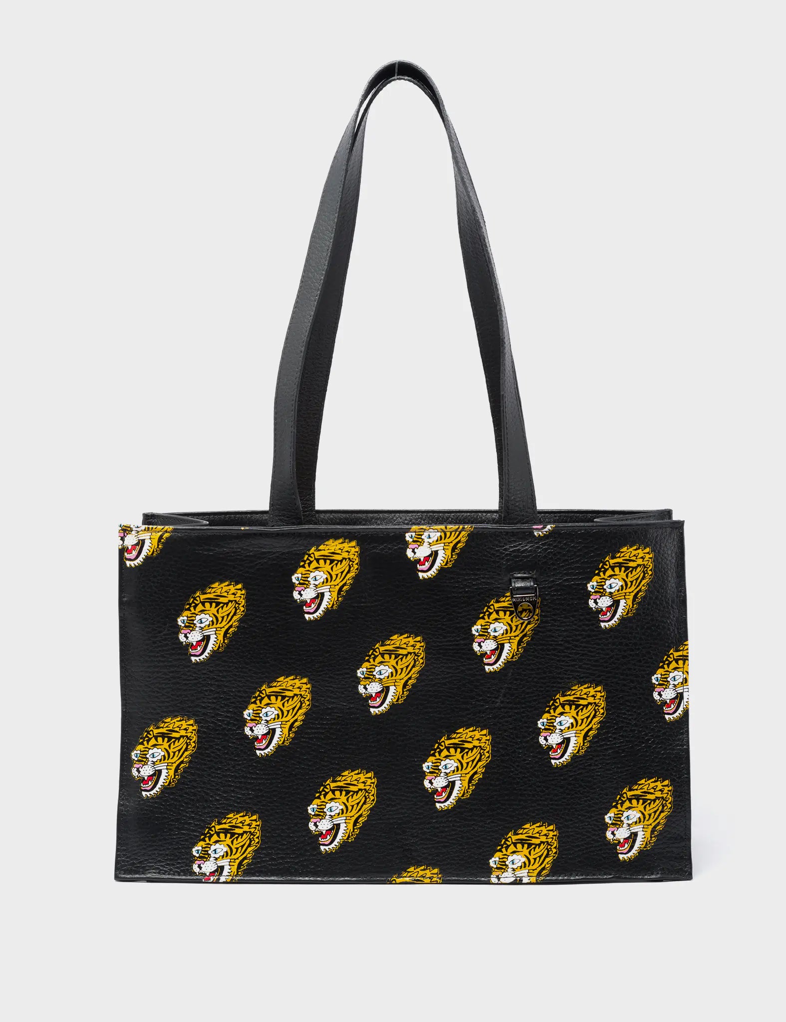 Stylish Marko Small Black Leather Tote Bag with Exquisite Blazing Tiger Print - Perfect for Work, Travel & Everyday Use