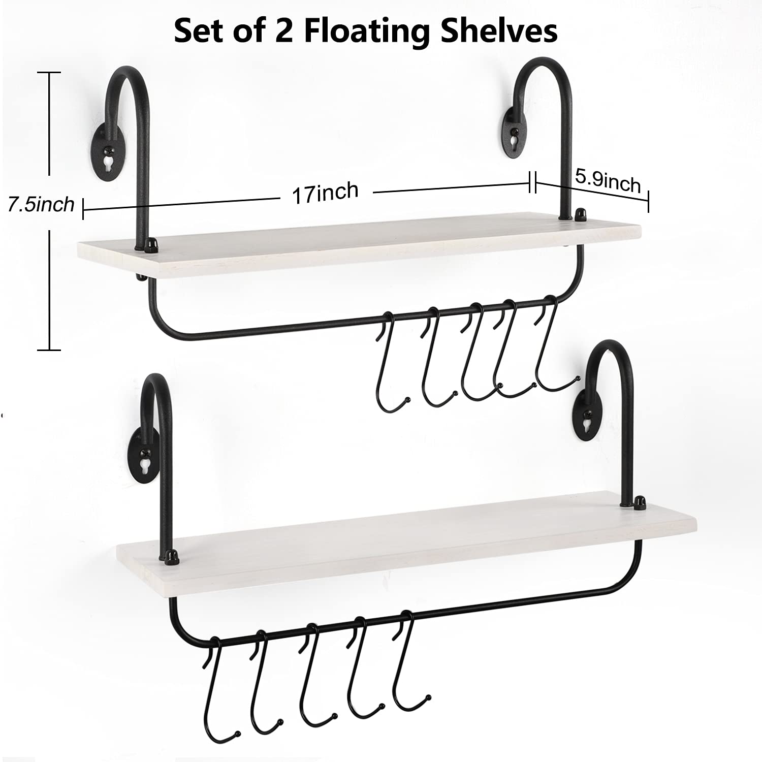 Olakee Set of 2 Floating Wall Shelves - 17x5.9 Inch Rustic Wooden Shelves with 10 Adjustable Hooks for Kitchen, Bathroom, Coffee Nook - Perfect for Mugs, Cooking Utensils, Towels & Home Organization (White) - Ideal for Small Space Storage & Farmhouse Decor