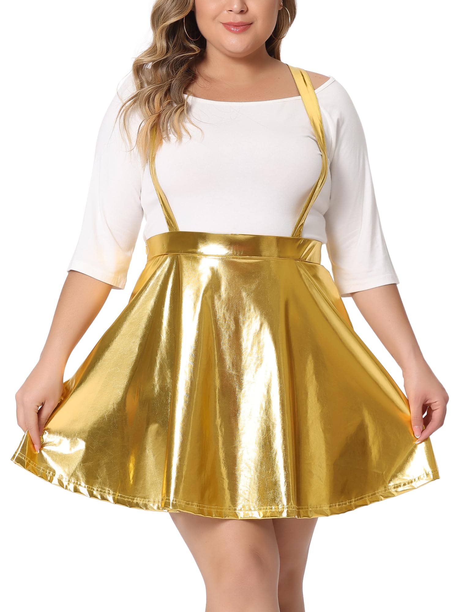 Agnes Orinda Plus Size Shiny Metallic Suspender Skirt for Women - High Waisted Holographic Rave Skirt - Perfect for Club Parties, Festivals & Night Out