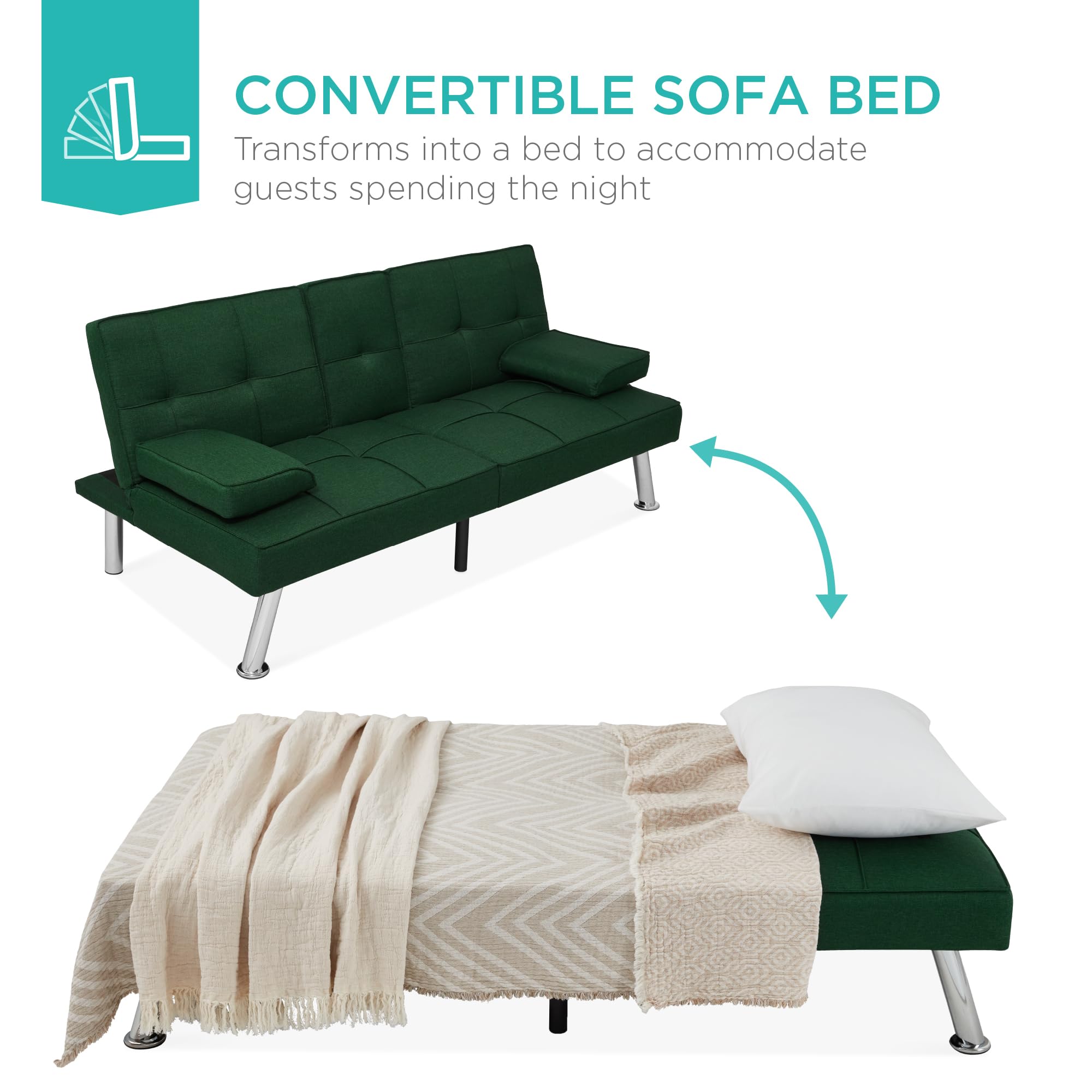 Best Choice Products Modern Folding Futon Sofa Bed - Dark Green Linen Recliner with Removable Armrests & 2 Cup Holders - Perfect for Small Apartments, Dorm Rooms & Guest Rooms