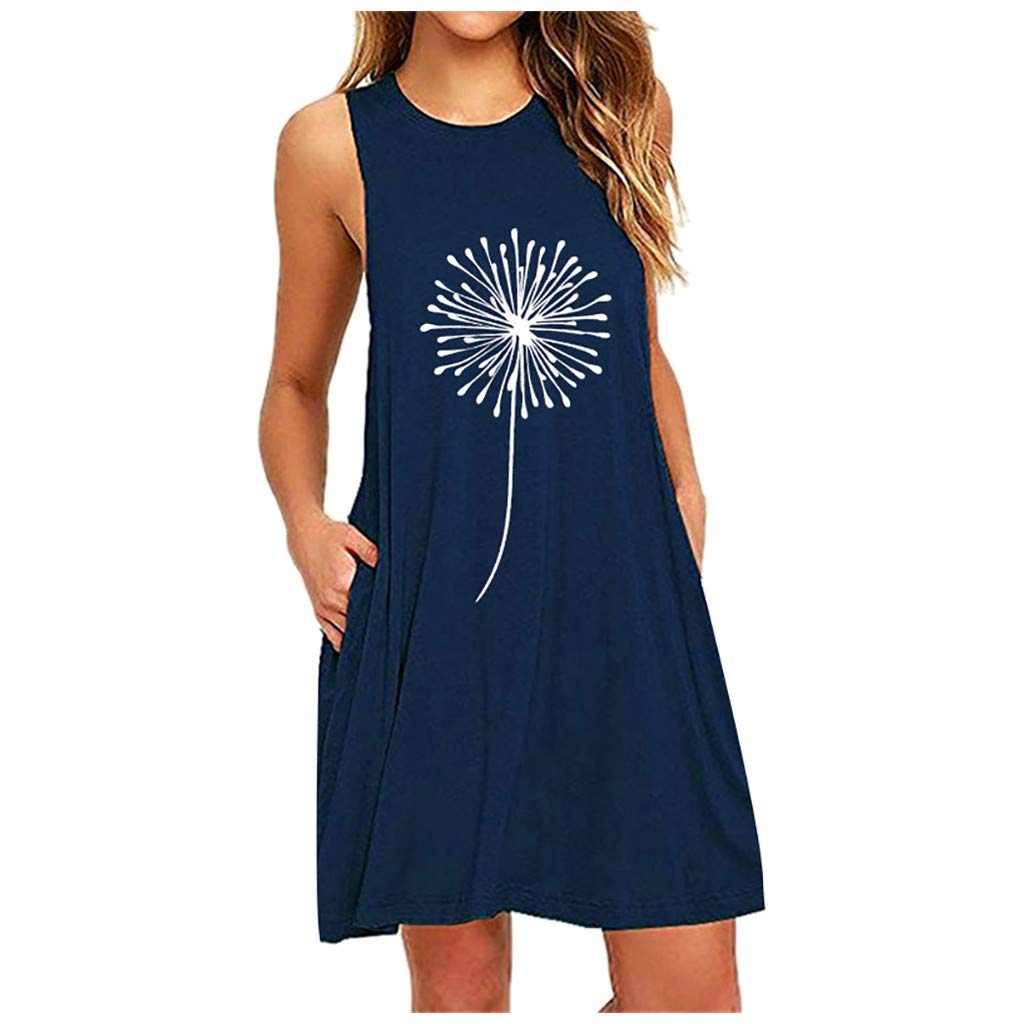 Women's Casual Sundress with Pockets - Floral Dandelion Print Sleeveless Summer Dress for Beach, Vacation & Spring Outings | Lightweight Nightdress for Lounge & Sleep