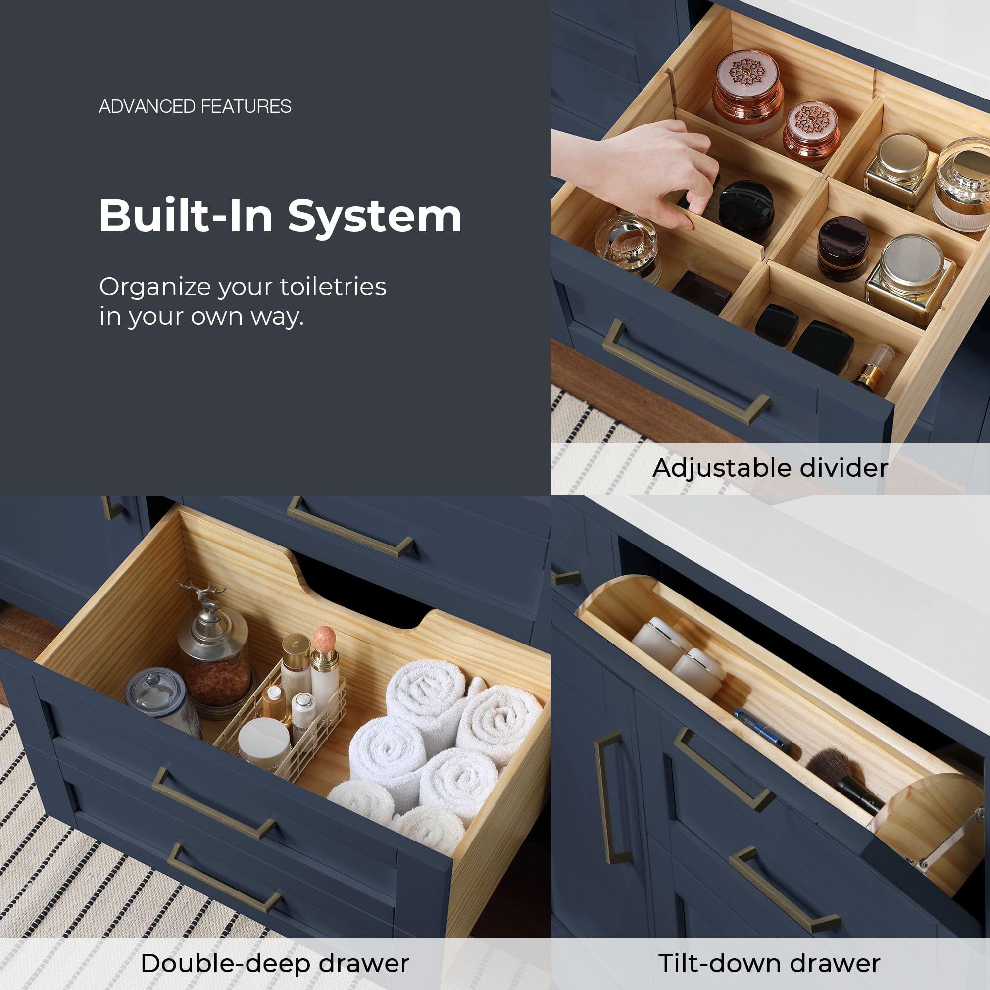 OVE Decors Tahoe II 60-Inch Single Basin Bathroom Vanity in Midnight Blue - Modern Bathroom Storage Solution for Small Spaces