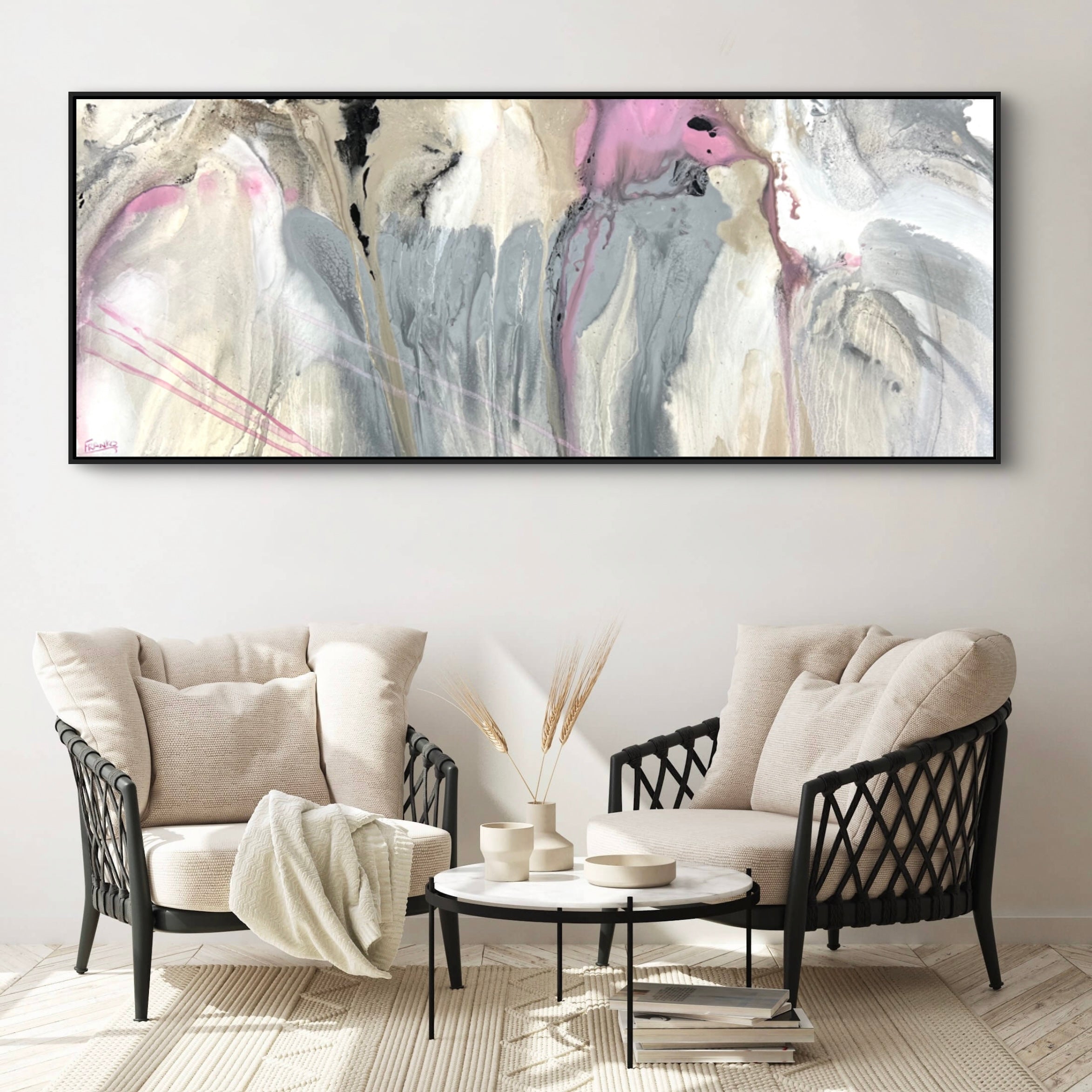Refined 881 Abstract Painting - 200cm x 80cm Grey Pink White Malt Blended Canvas Art for Modern Living Room & Office Wall Decor