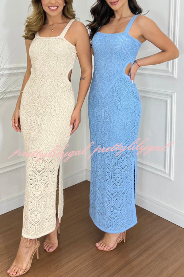 Zafina Women's Crochet Knit Cutout Waist Textured Slit Stretch Maxi Dress - Elegant Boho Summer Beach Party & Wedding Guest Outfit