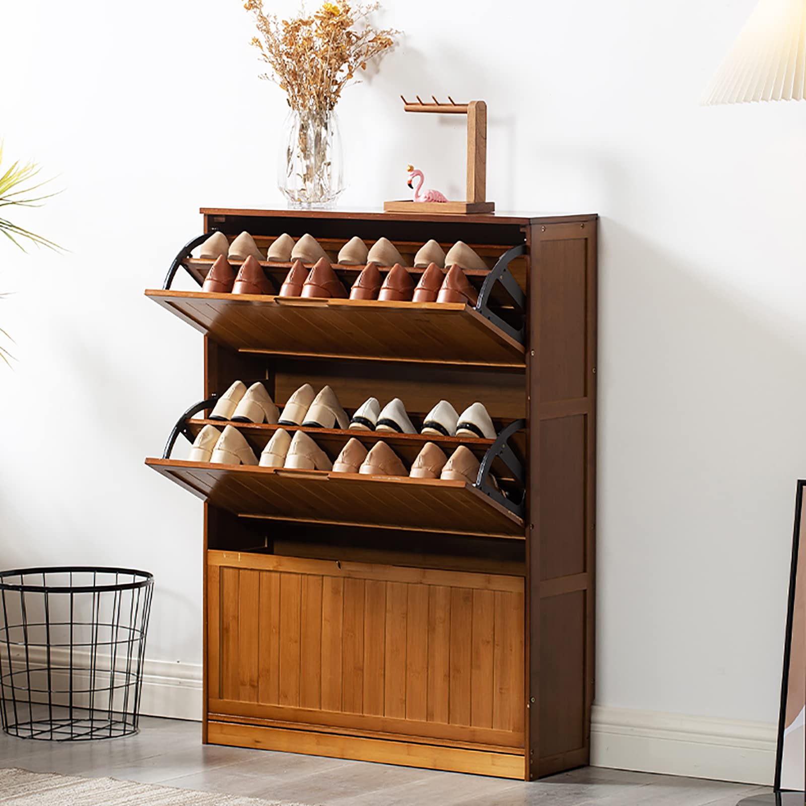 Rustic Farmhouse Entryway Shoe Cabinet - Natural Bamboo Shoe Storage Organizer with 3 Drawers & Double Layer Shelves (80x24x110cm/31x9x43in) - Perfect for Small Spaces, Apartments & Mudroom Organization