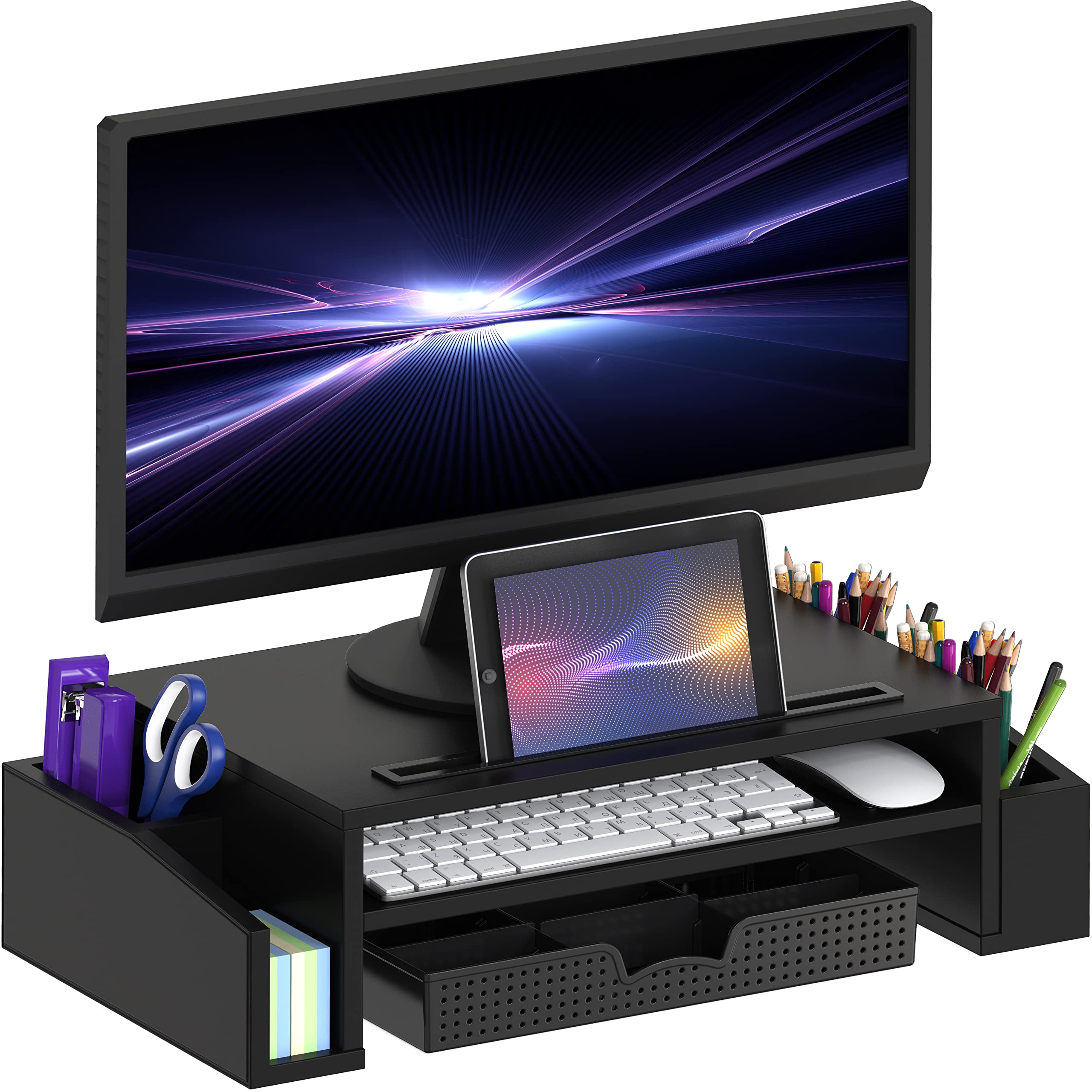 Adjustable Monitor Stand Riser with Organizer Tray - Ergonomic Laptop & Computer Screen Holder for Home Office, Gaming Setup - Black (Space Saving Desk Accessory)