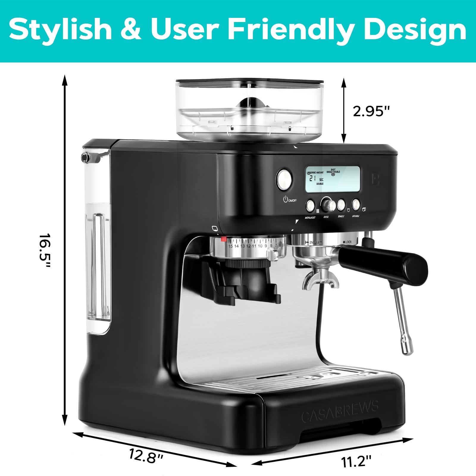 CASABREWS 5700Pro Professional Espresso Machine with Built-in Grinder & Milk Frother - Barista Grade Coffee Maker for Latte, Cappuccino - LCD Display Home Coffee Machine (Black) - Perfect for Home Baristas, Coffee Lovers & Family Gifts